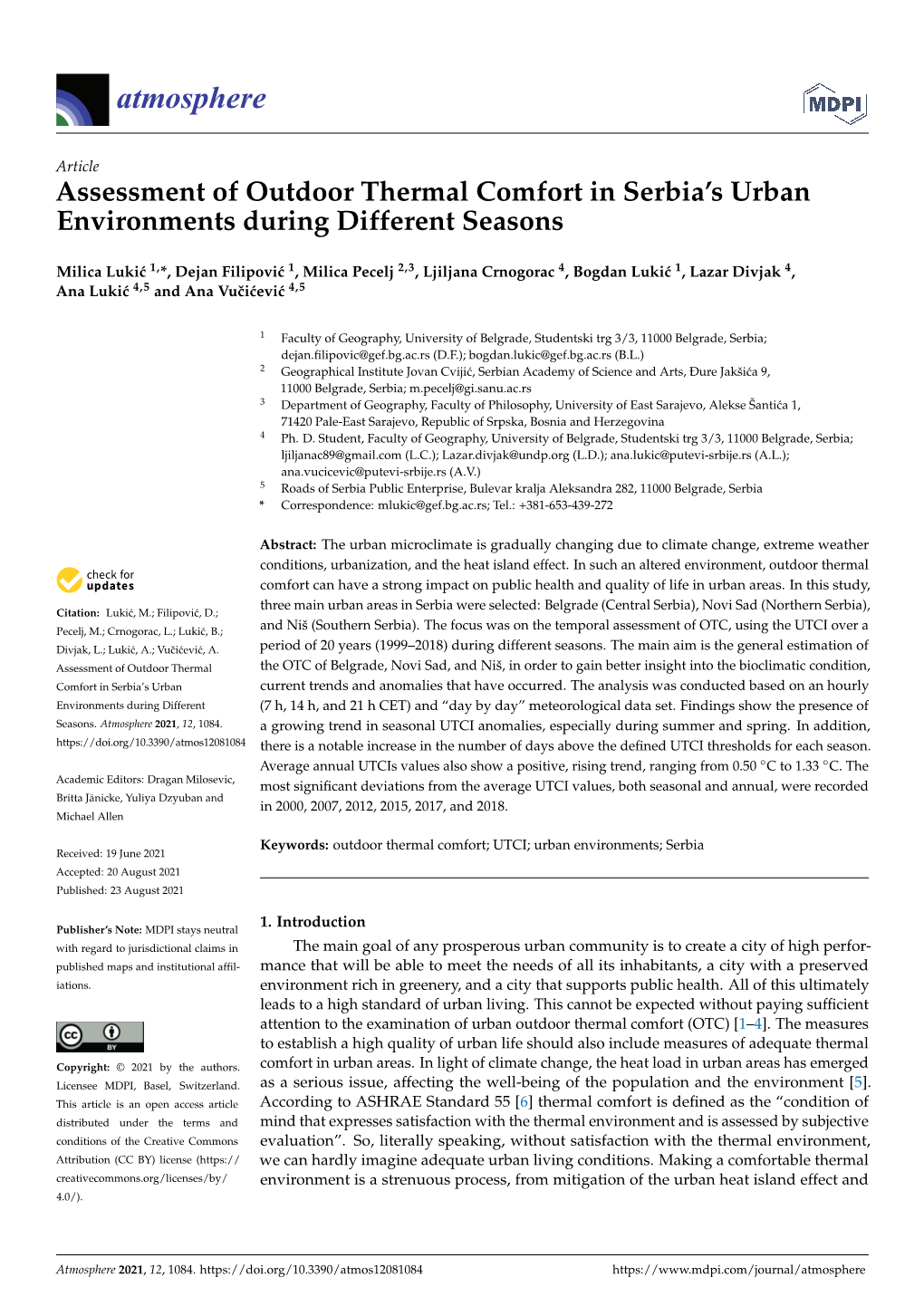 Assessment of Outdoor Thermal Comfort in Serbia's Urban Environments During Different Seasons