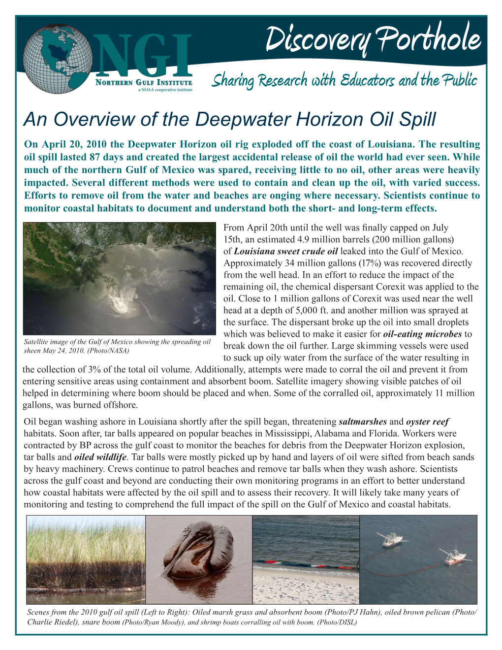 An Overview of the Deepwater Horizon Oil Spill on April 20, 2010 the Deepwater Horizon Oil Rig Exploded Off the Coast of Louisiana
