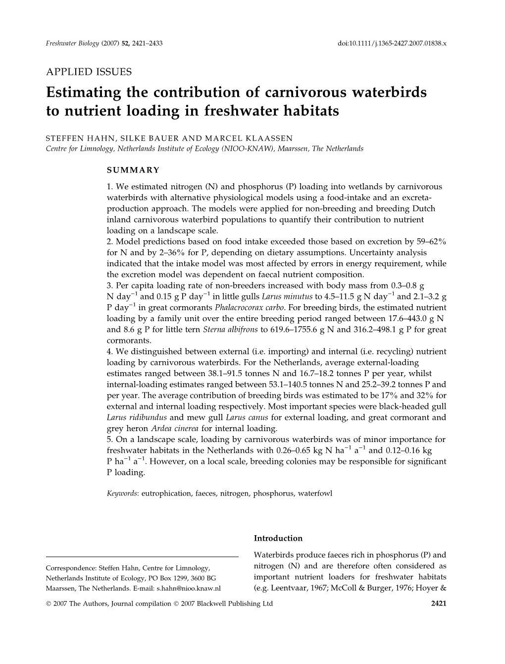 Estimating the Contribution of Carnivorous Waterbirds to Nutrient Loading in Freshwater Habitats