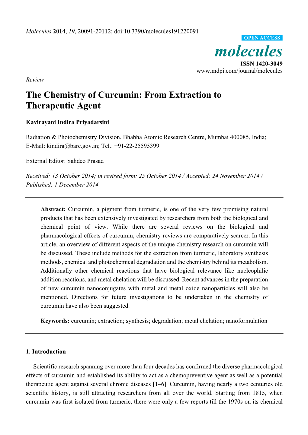 The Chemistry of Curcumin: from Extraction to Therapeutic Agent