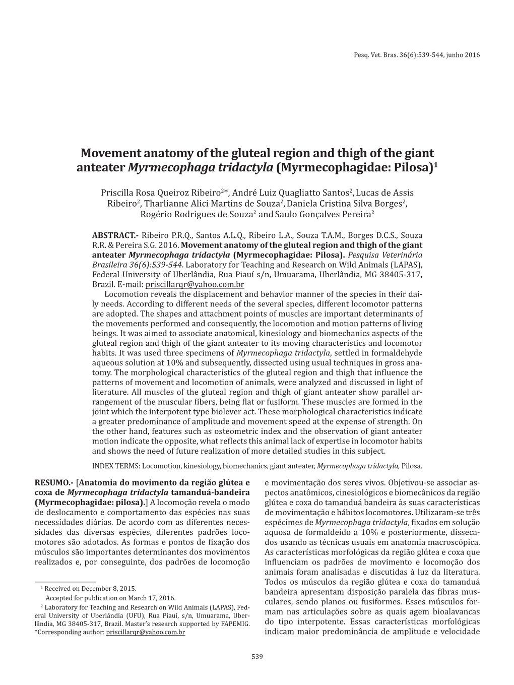 Movement Anatomy of the Gluteal Region and Thigh of the Giant Anteater Myrmecophaga Tridactyla (Myrmecophagidae: Pilosa)1