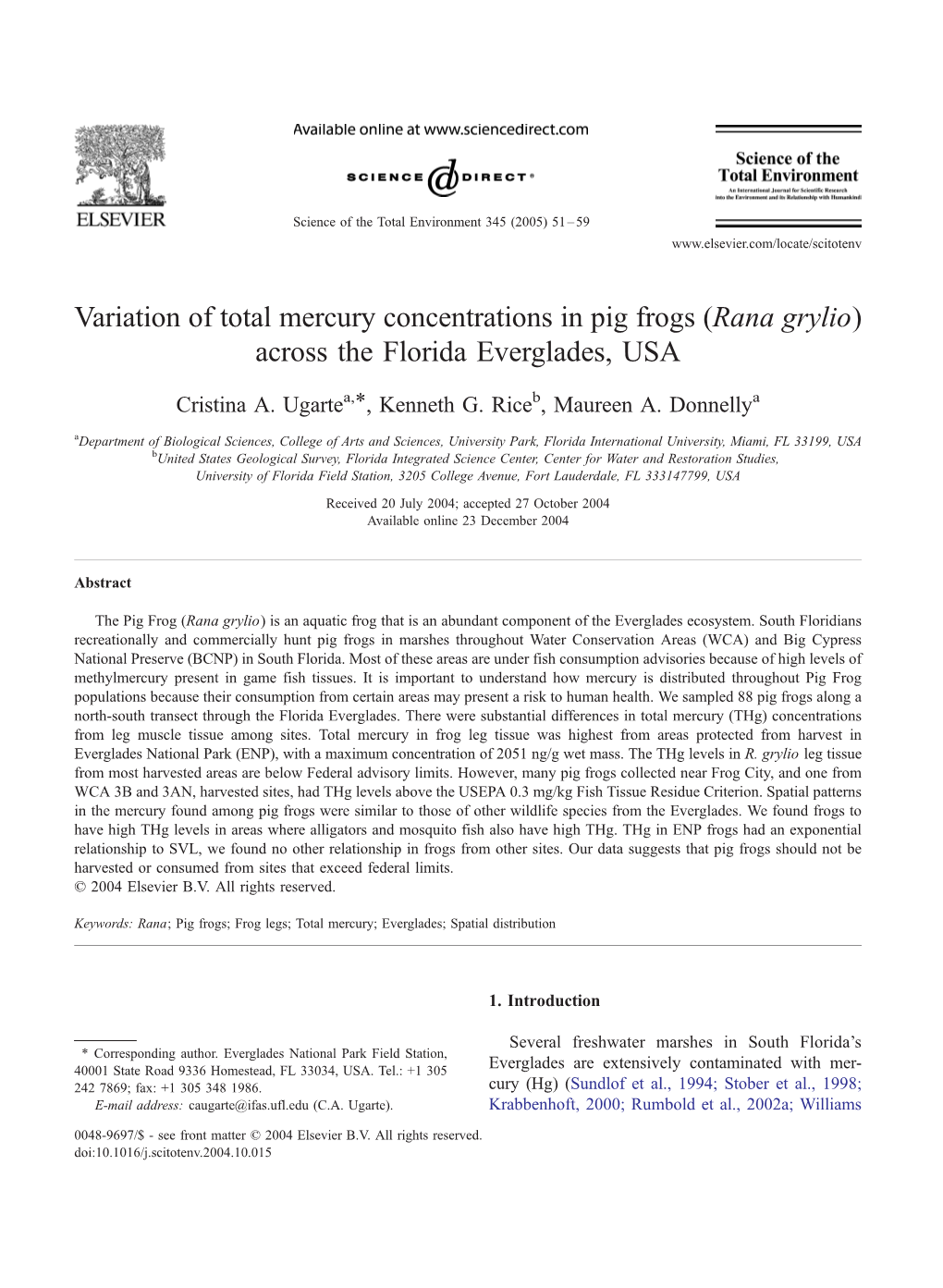 Variation of Total Mercury Concentrations in Pig Frogs (Rana Grylio) Across the Florida Everglades, USA