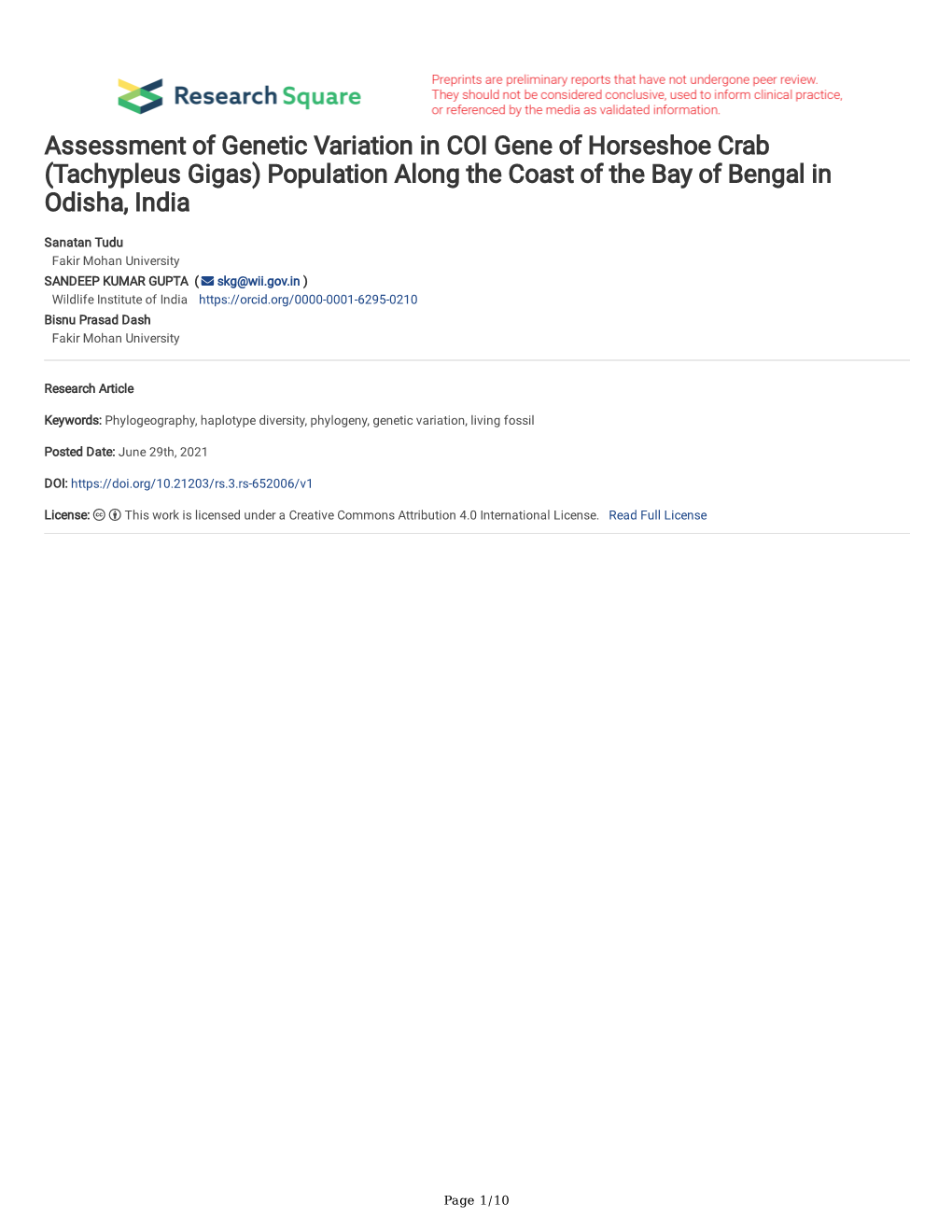 Assessment of Genetic Variation in COI Gene of Horseshoe Crab (Tachypleus Gigas) Population Along the Coast of the Bay of Bengal in Odisha, India