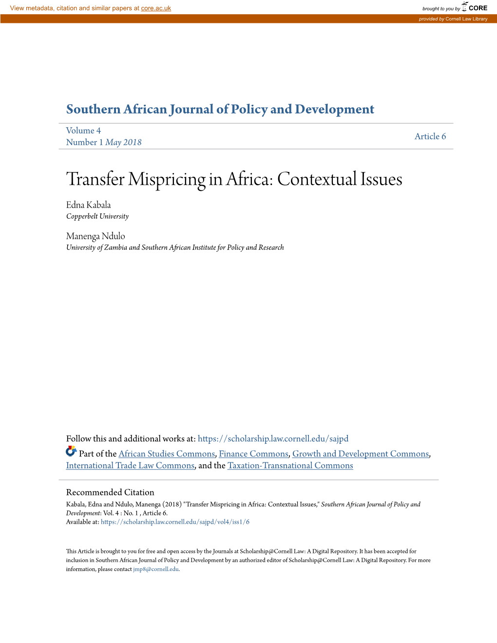 Transfer Mispricing in Africa: Contextual Issues Edna Kabala Copperbelt University