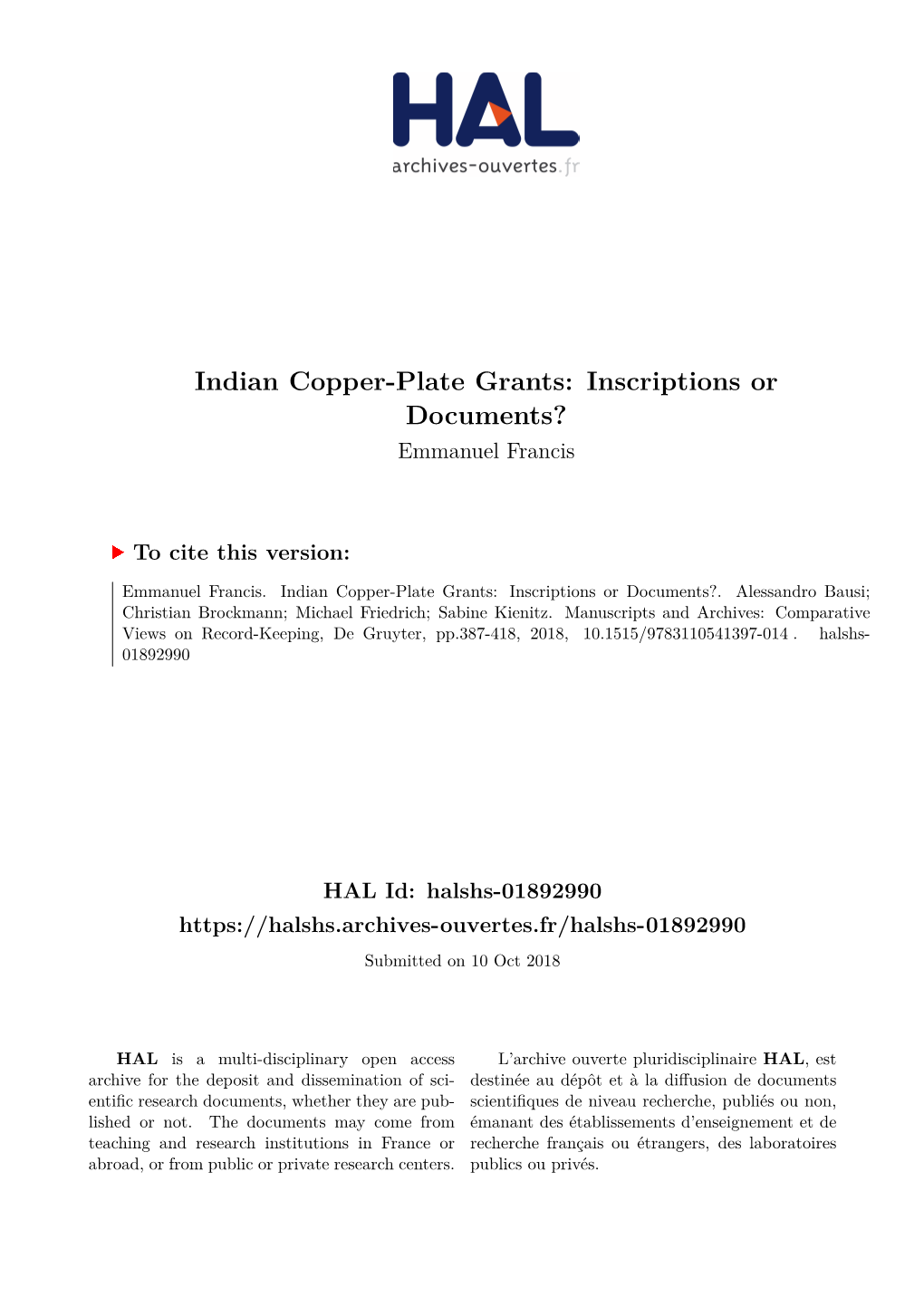 Indian Copper-Plate Grants: Inscriptions Or Documents? Emmanuel Francis