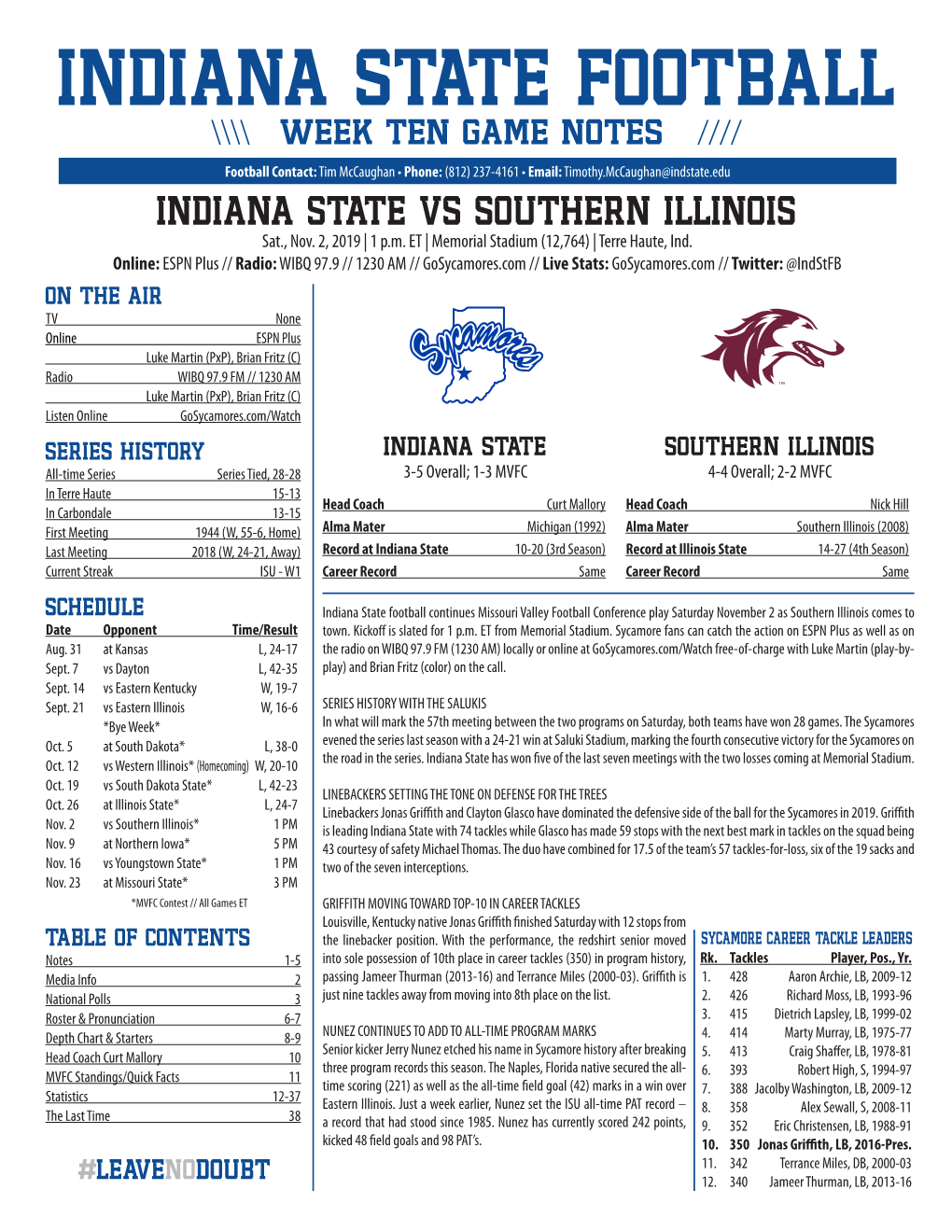 INDIANA STATE FOOTBALL Week TEN GAME NOTES