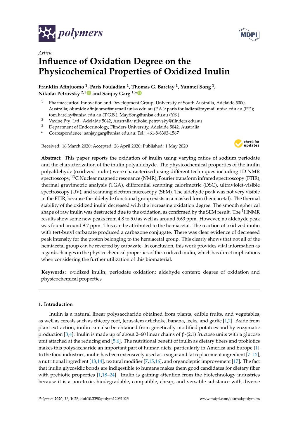 Influence of Oxidation Degree on the Physicochemical Properties of Oxidized Inulin