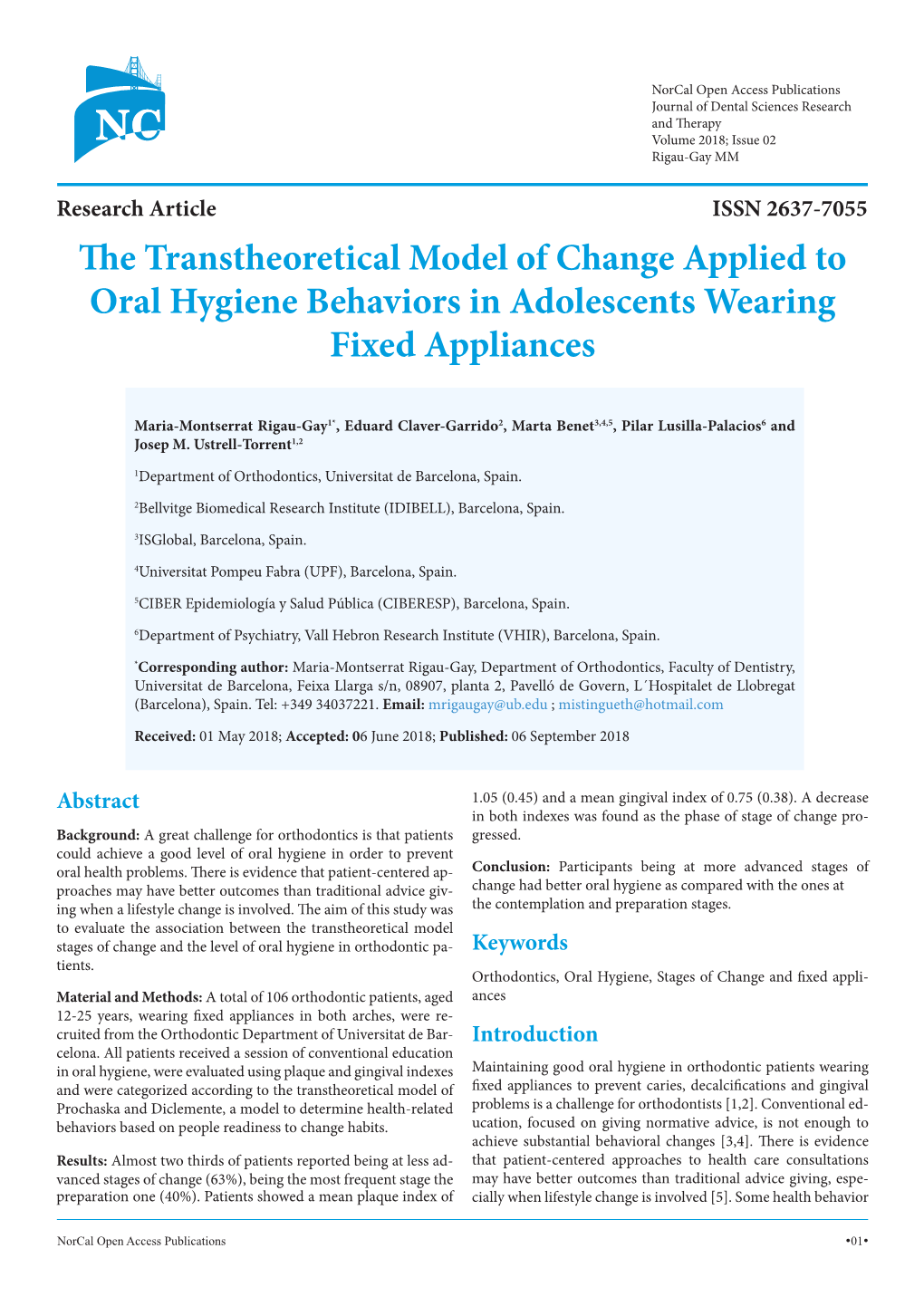 Research Article the Transtheoretical Model of Change