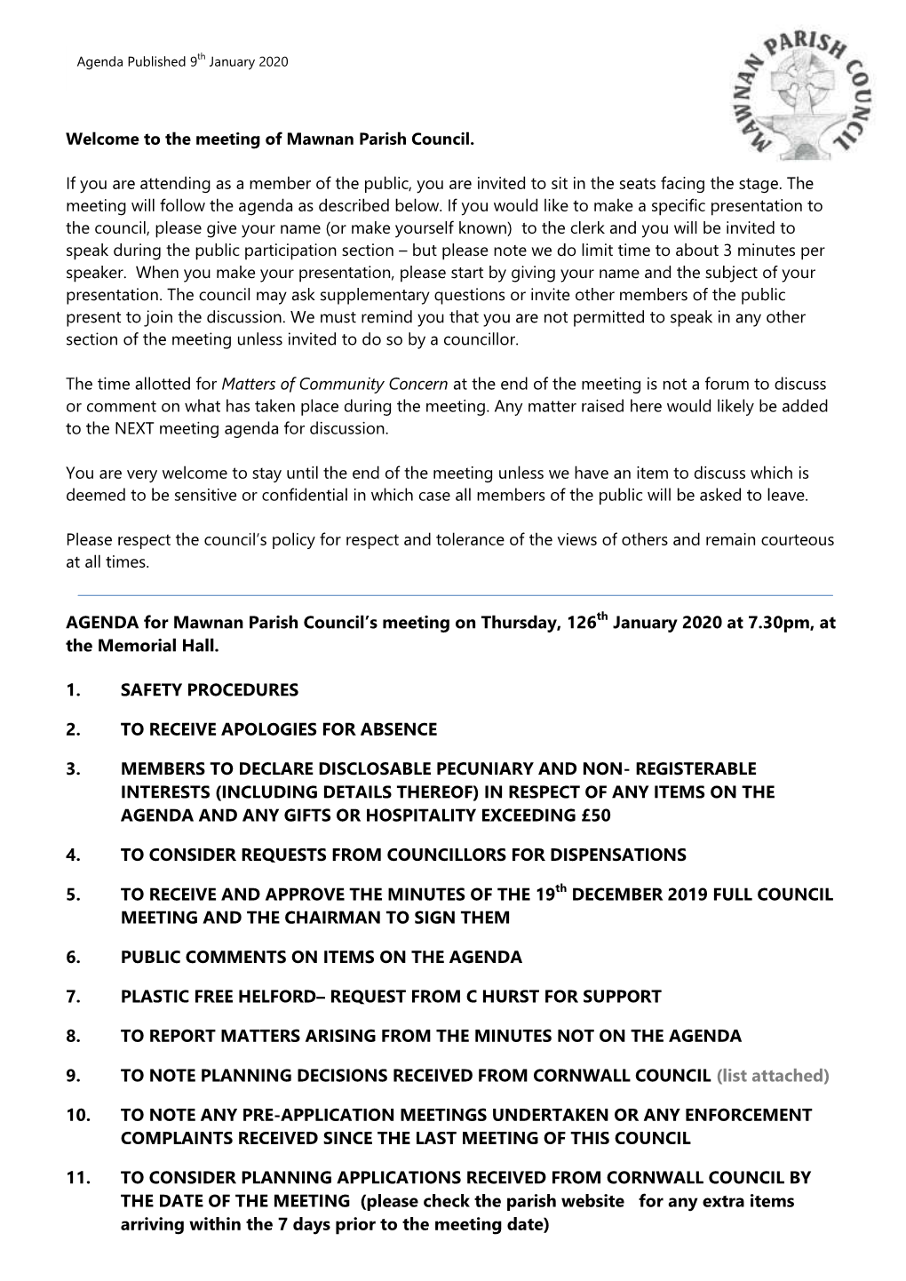 AGENDA for Mawnan Parish Council's Meeting on Thursday, 126Th