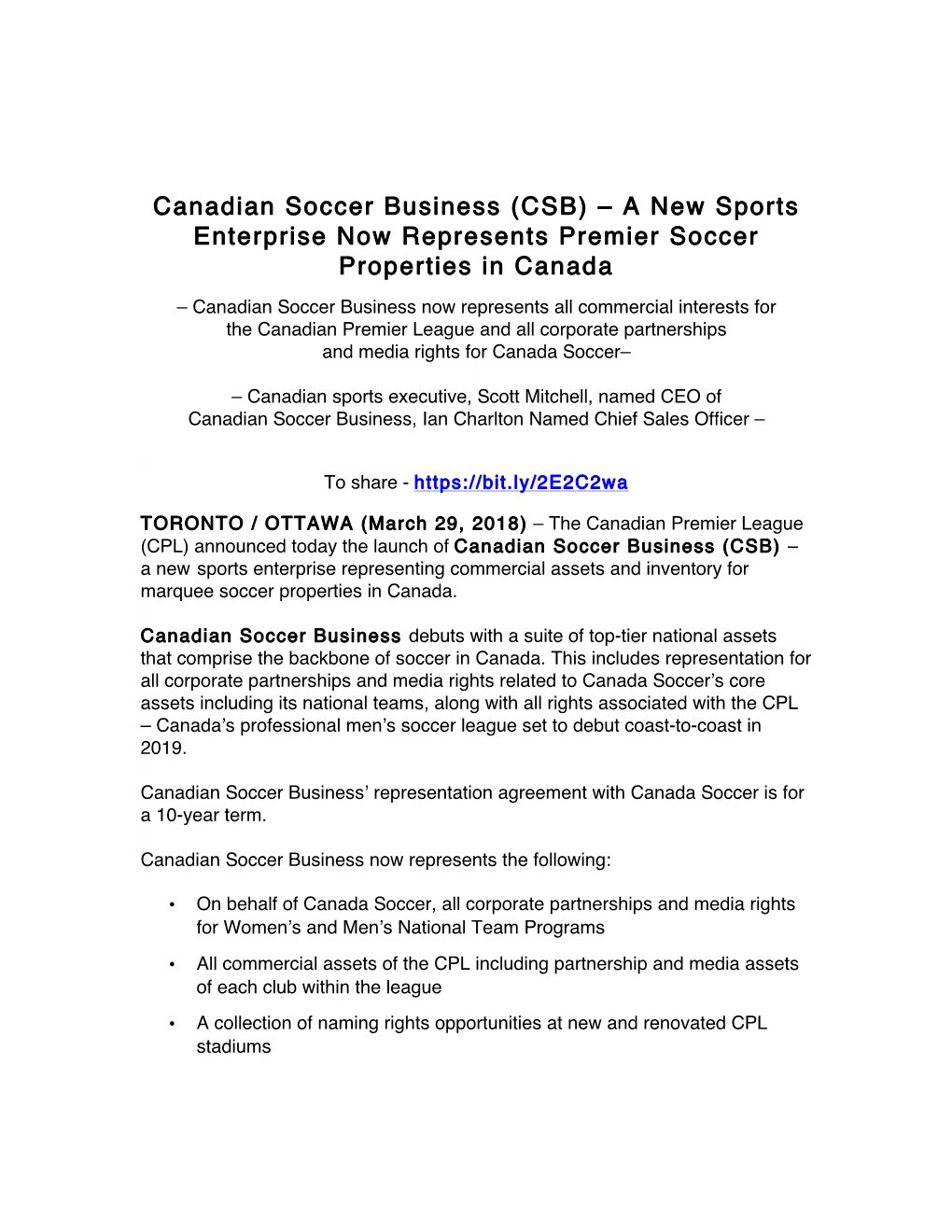 Canadian Soccer Business (CSB) – a New Sports Enterprise Now Represents Premier Soccer Properties in Canada