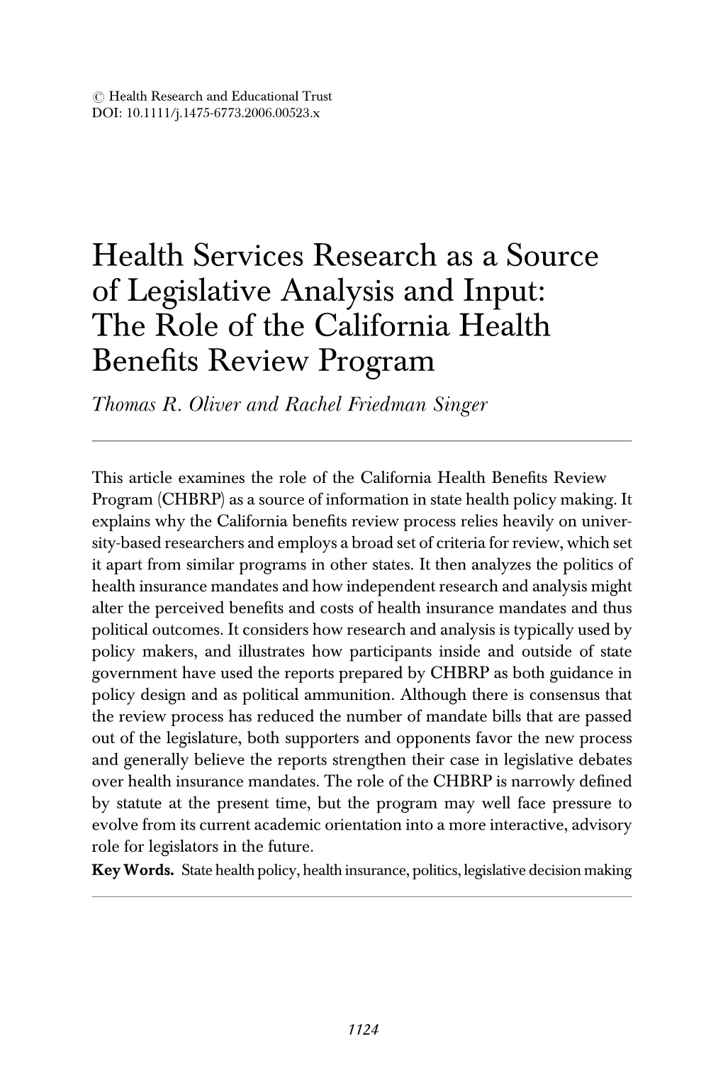 The Role of the California Health Beneﬁts Review Program Thomas R