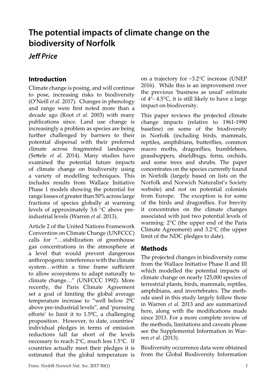 The Potential Impacts of Climate Change on the Biodiversity of Norfolk Jeff Price