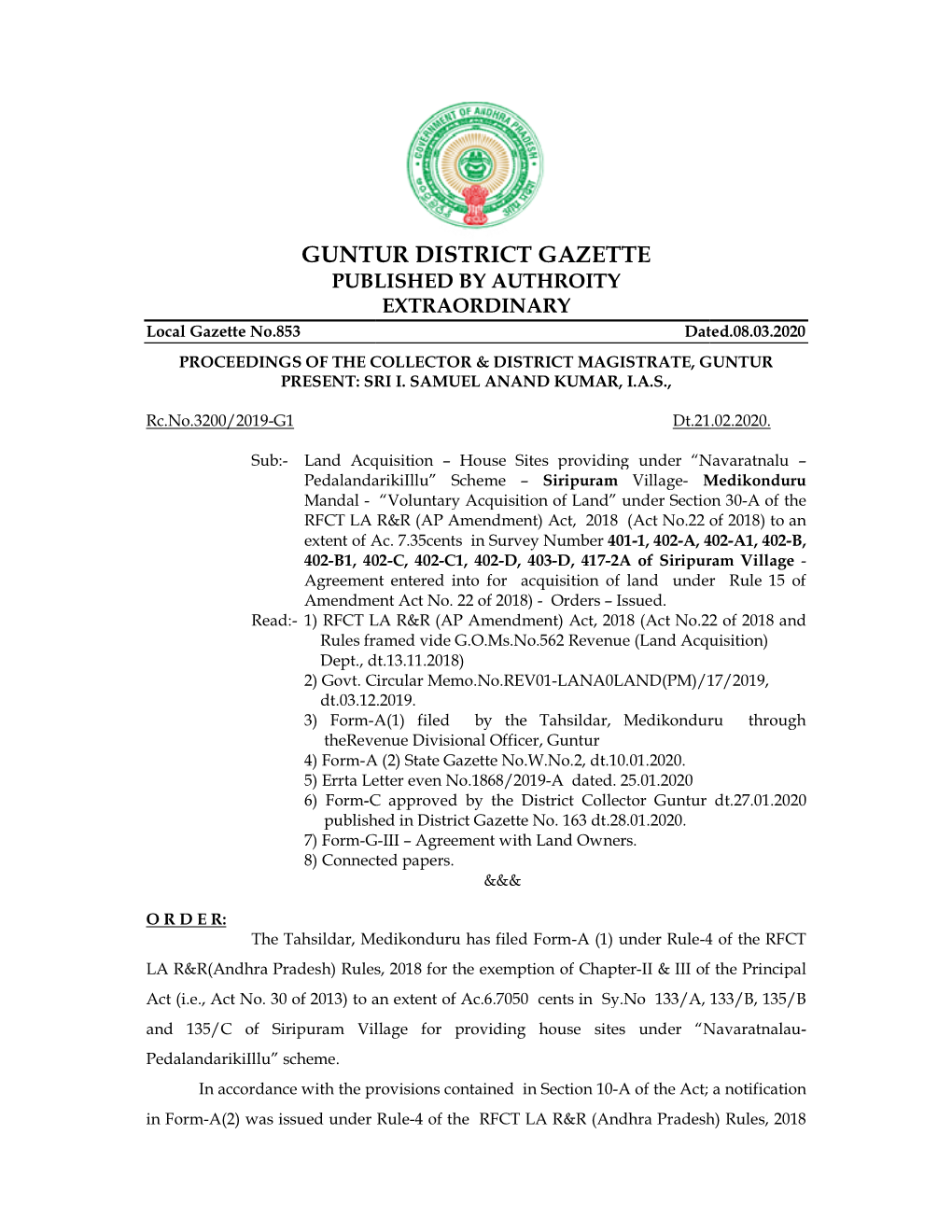 Guntur Distri Guntur District Gazette