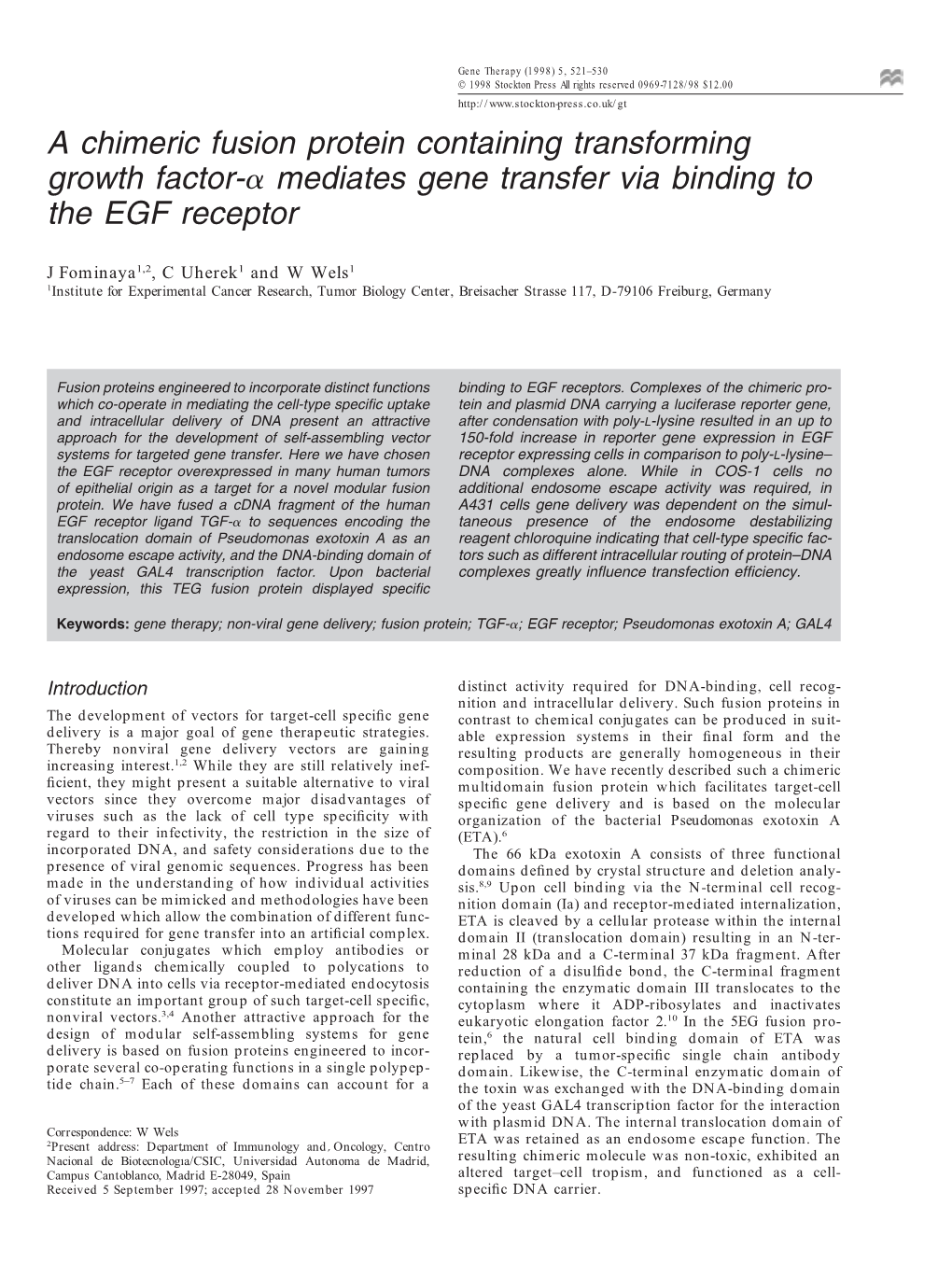 A Chimeric Fusion Protein Containing Transforming Growth Factor-Α