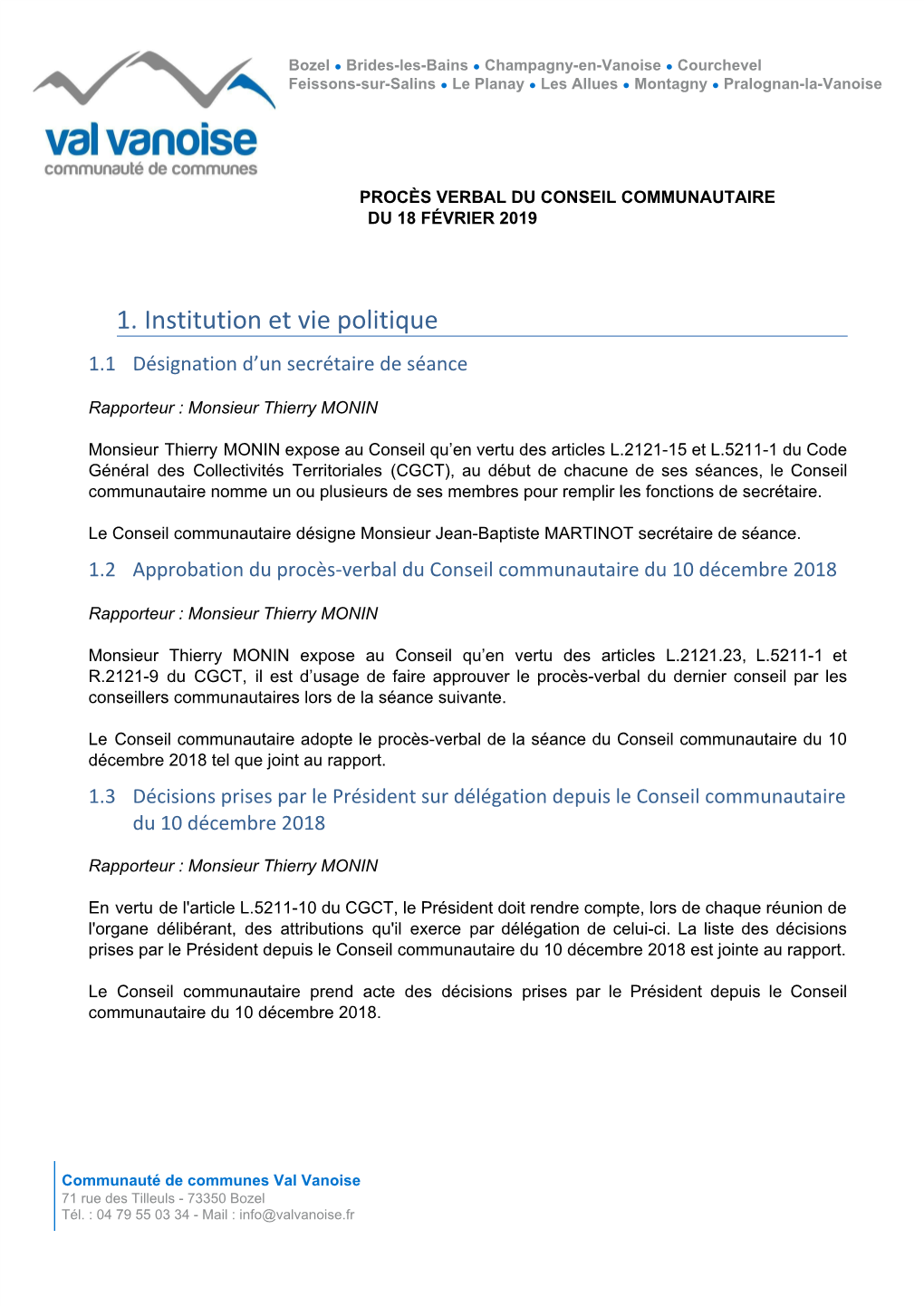 1. Institution Et Vie Politique 1.1 Désignation D’Un Secrétaire De Séance