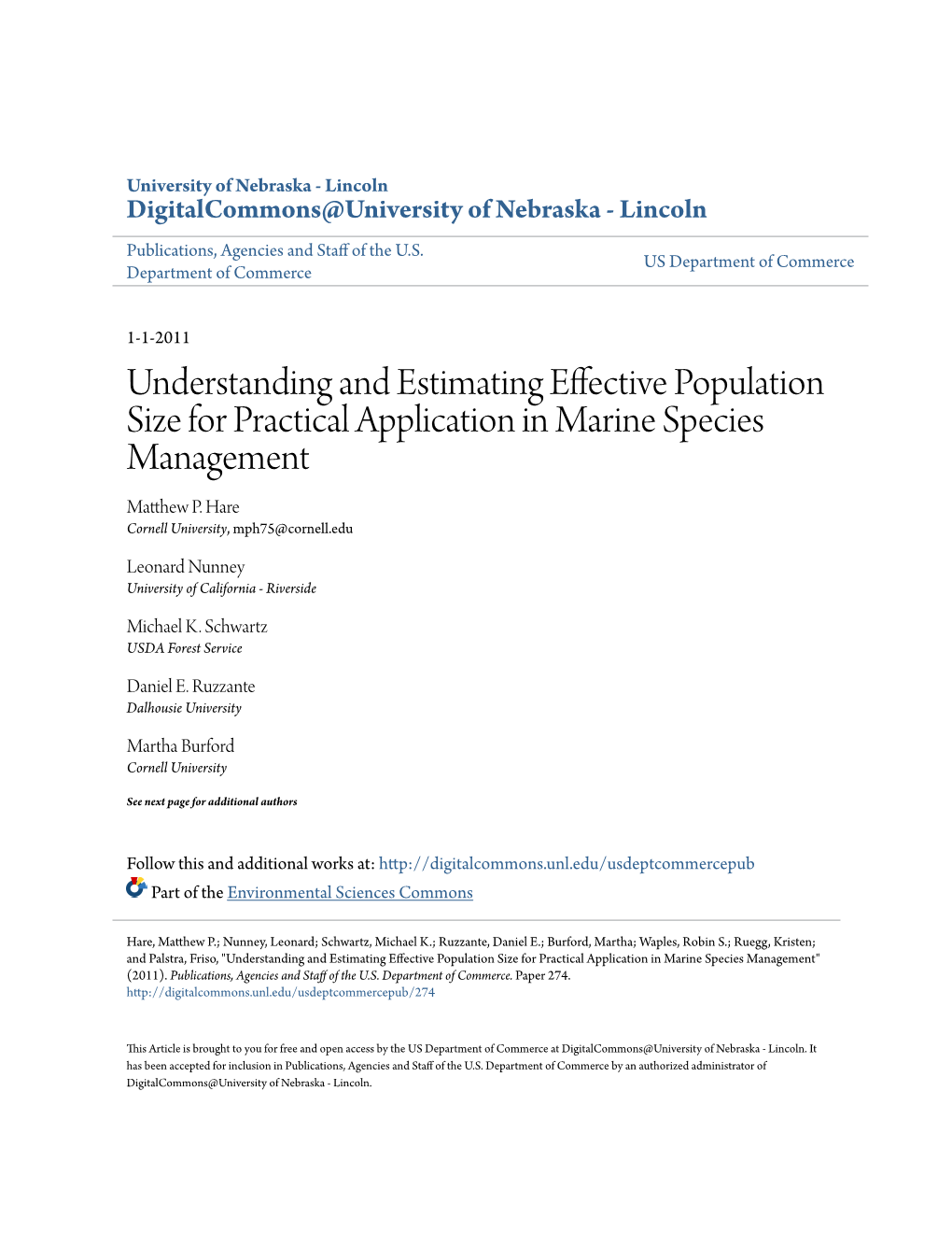 Understanding and Estimating Effective Population Size for Practical Application in Marine Species Management Matthew .P Hare Cornell University, Mph75@Cornell.Edu