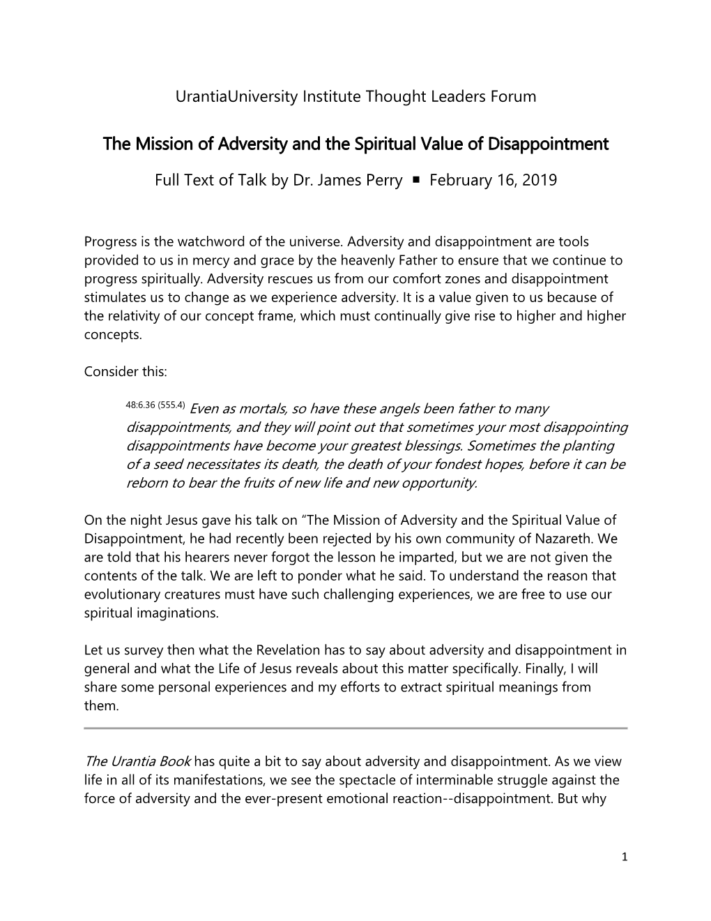 The Mission of Adversity and the Spiritual Value of Disappointment