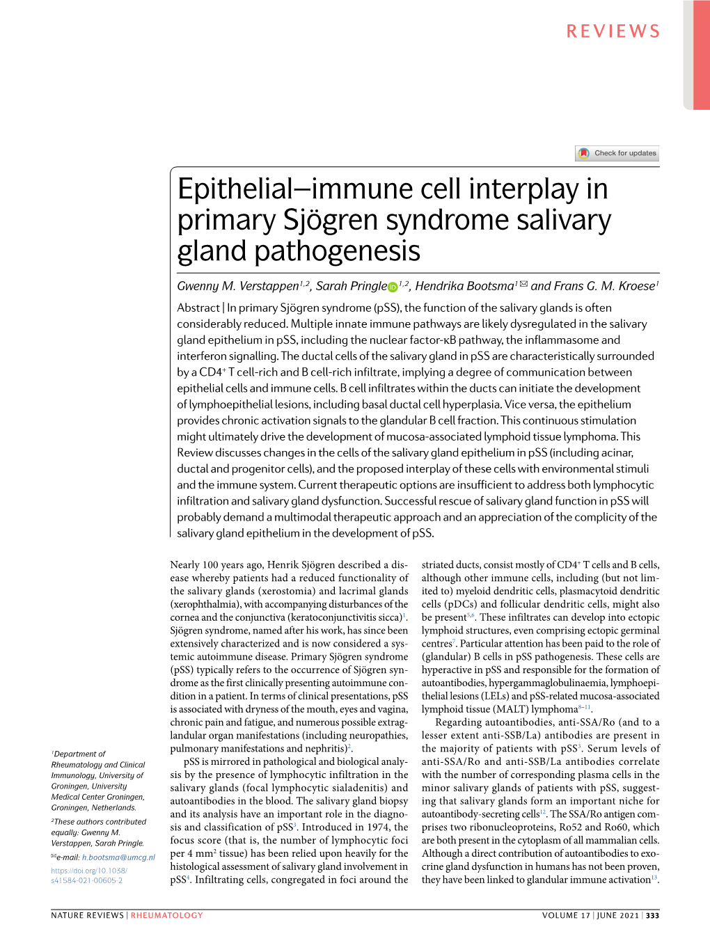 Epithelial–Immune Cell Interplay in Primary Sjögren Syndrome Salivary Gland Pathogenesis