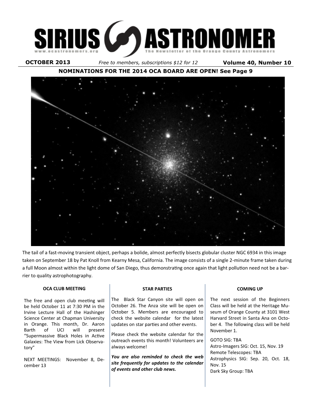 Sirius Astronomer, and Completed Ballots Must Be Received by the Club’S Election Coordina- Tor by the Close of the January, 2014 General Meeting