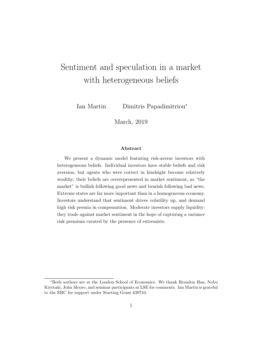Sentiment and Speculation in a Market with Heterogeneous Beliefs