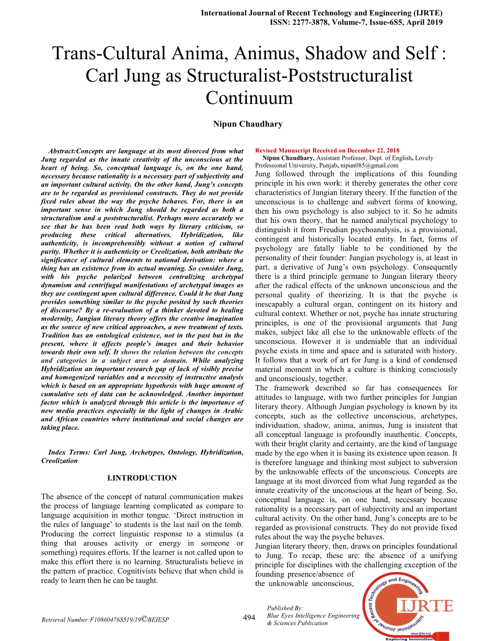 Trans-Cultural Anima, Animus, Shadow and Self : Carl Jung As Structuralist-Poststructuralist Continuum