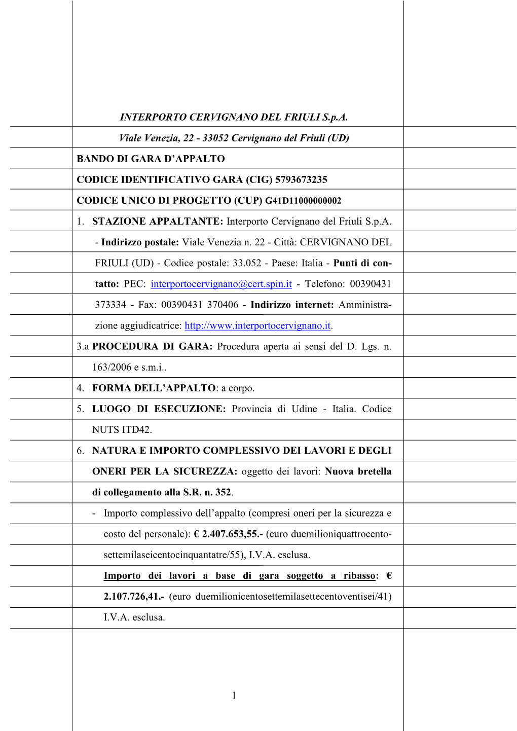 1 INTERPORTO CERVIGNANO DEL FRIULI S.P.A. Viale Venezia, 22