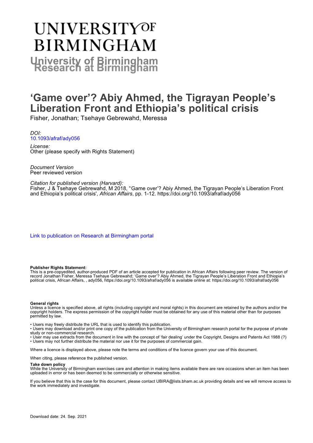 Abiy Ahmed, the Tigrayan People's Liberation Front and Ethiopia's Political Crisis