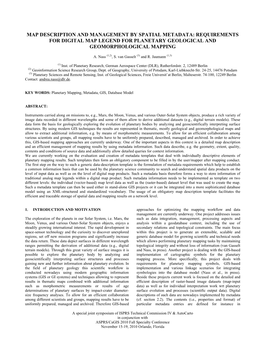 Map Description and Management by Spatial Metadata: Requirements for Digital Map Legend for Planetary Geological and Geomorphological Mapping