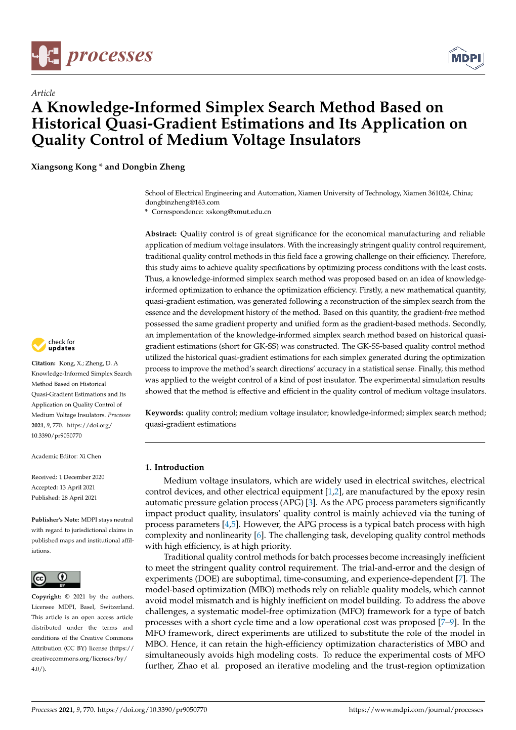 A Knowledge-Informed Simplex Search Method Based on Historical Quasi-Gradient Estimations and Its Application on Quality Control of Medium Voltage Insulators