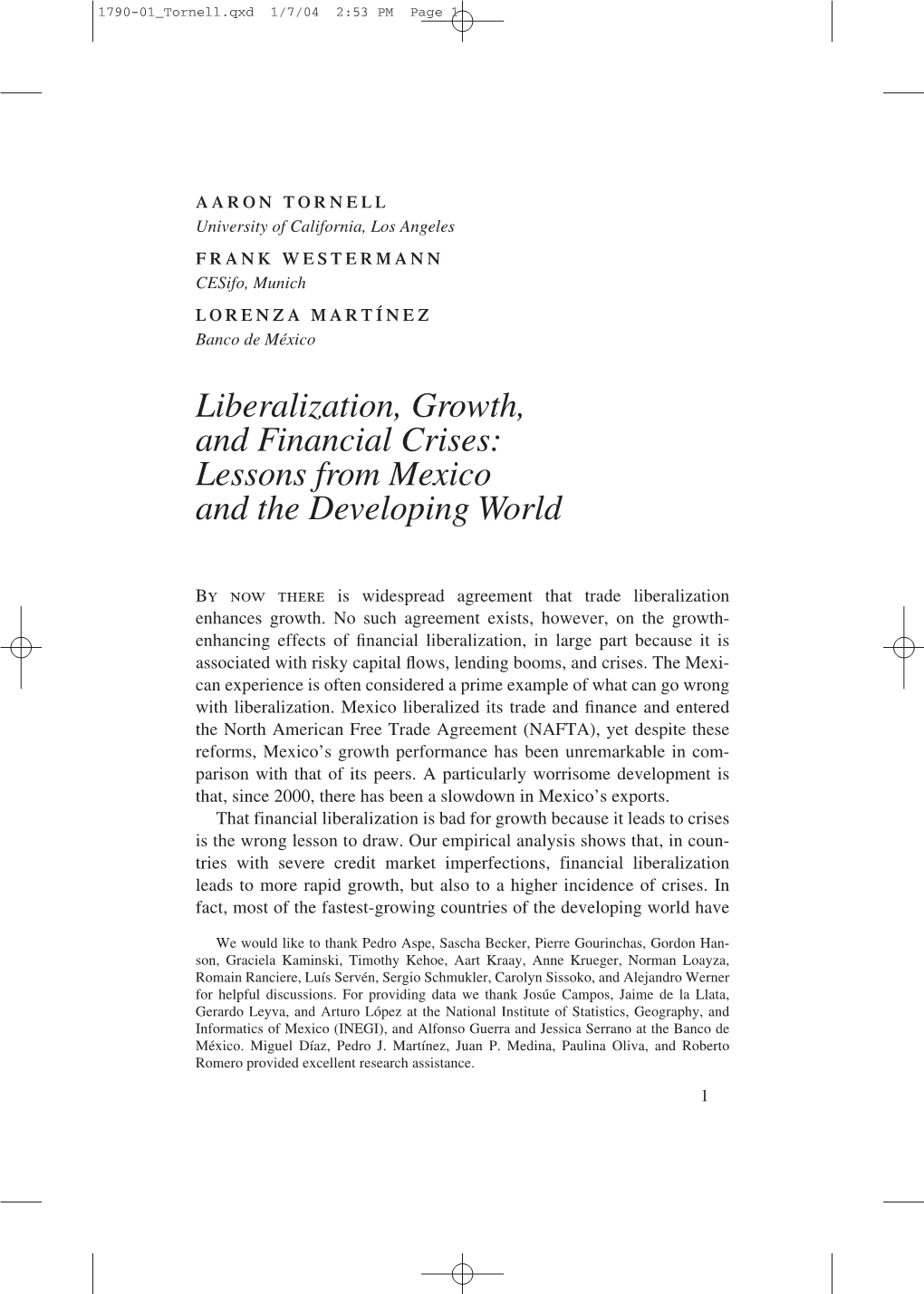 Liberalization, Growth, and Financial Crises: Lessons from Mexico and the Developing World