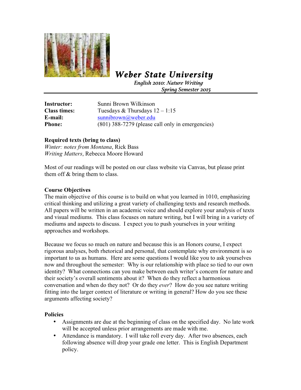 Nature Writing Spring Semester 2015