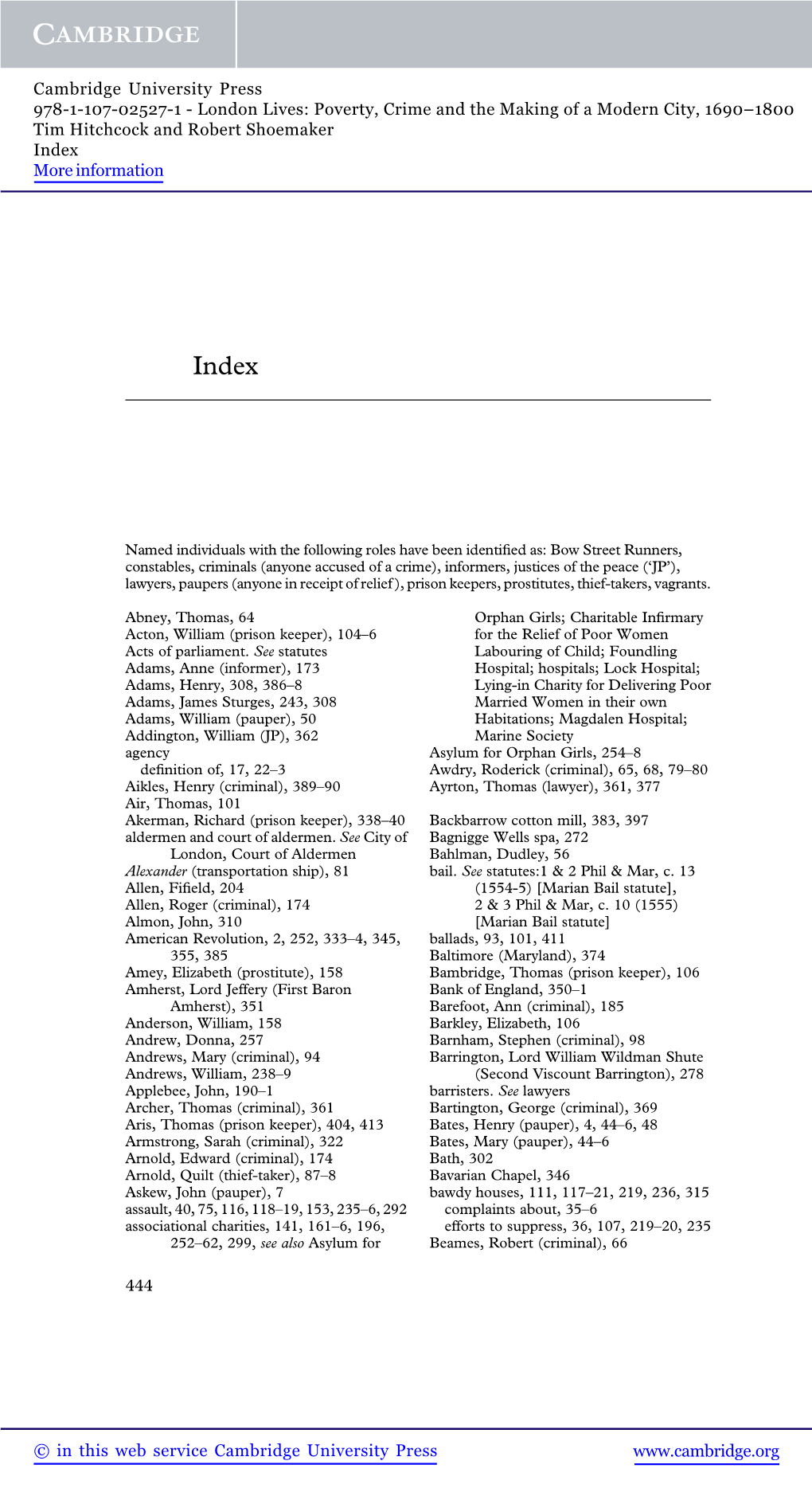 London Lives: Poverty, Crime and the Making of a Modern City, 1690–1800 Tim Hitchcock and Robert Shoemaker Index More Information