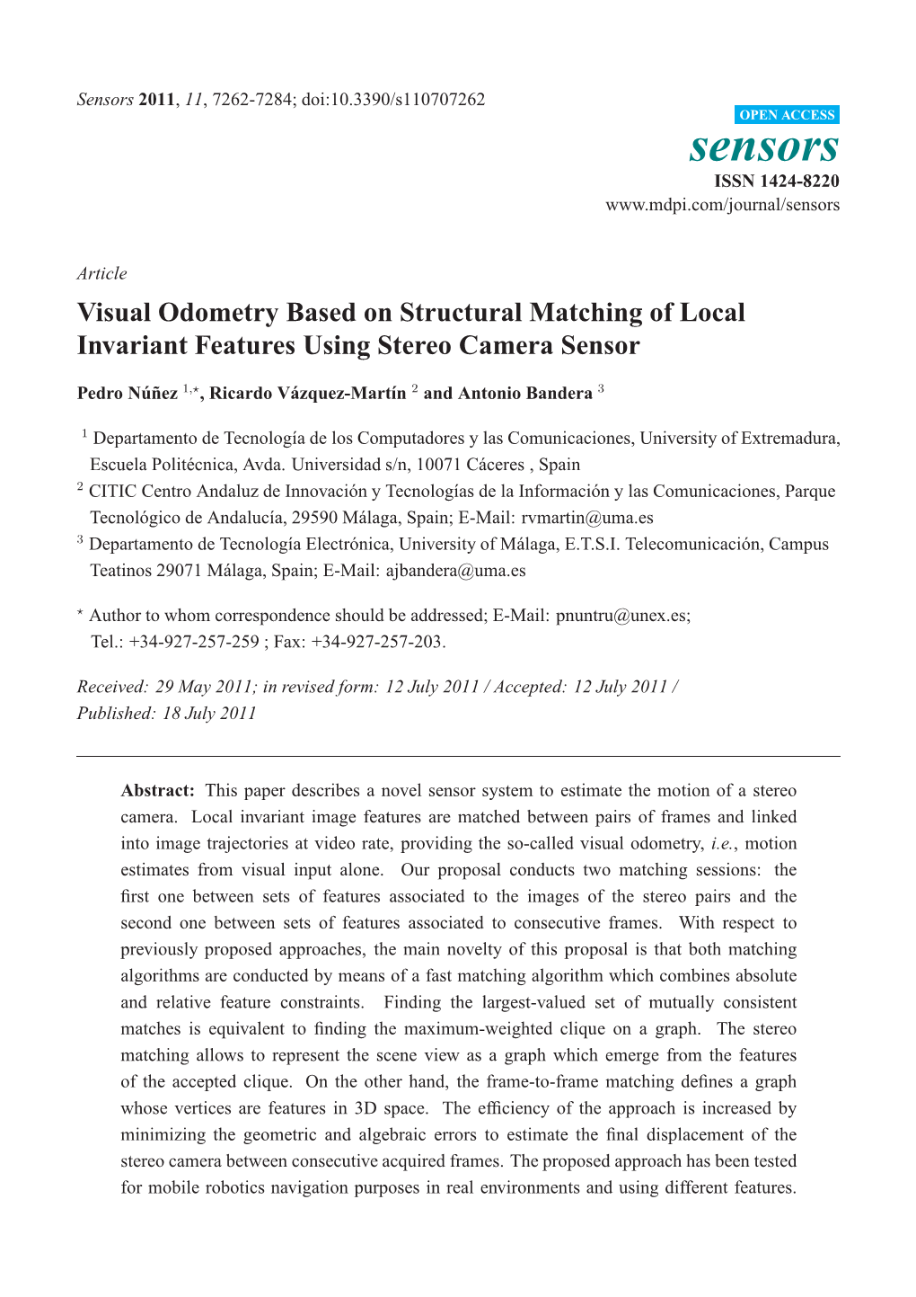 Visual Odometry Based on Structural Matching of Local Invariant Features Using Stereo Camera Sensor