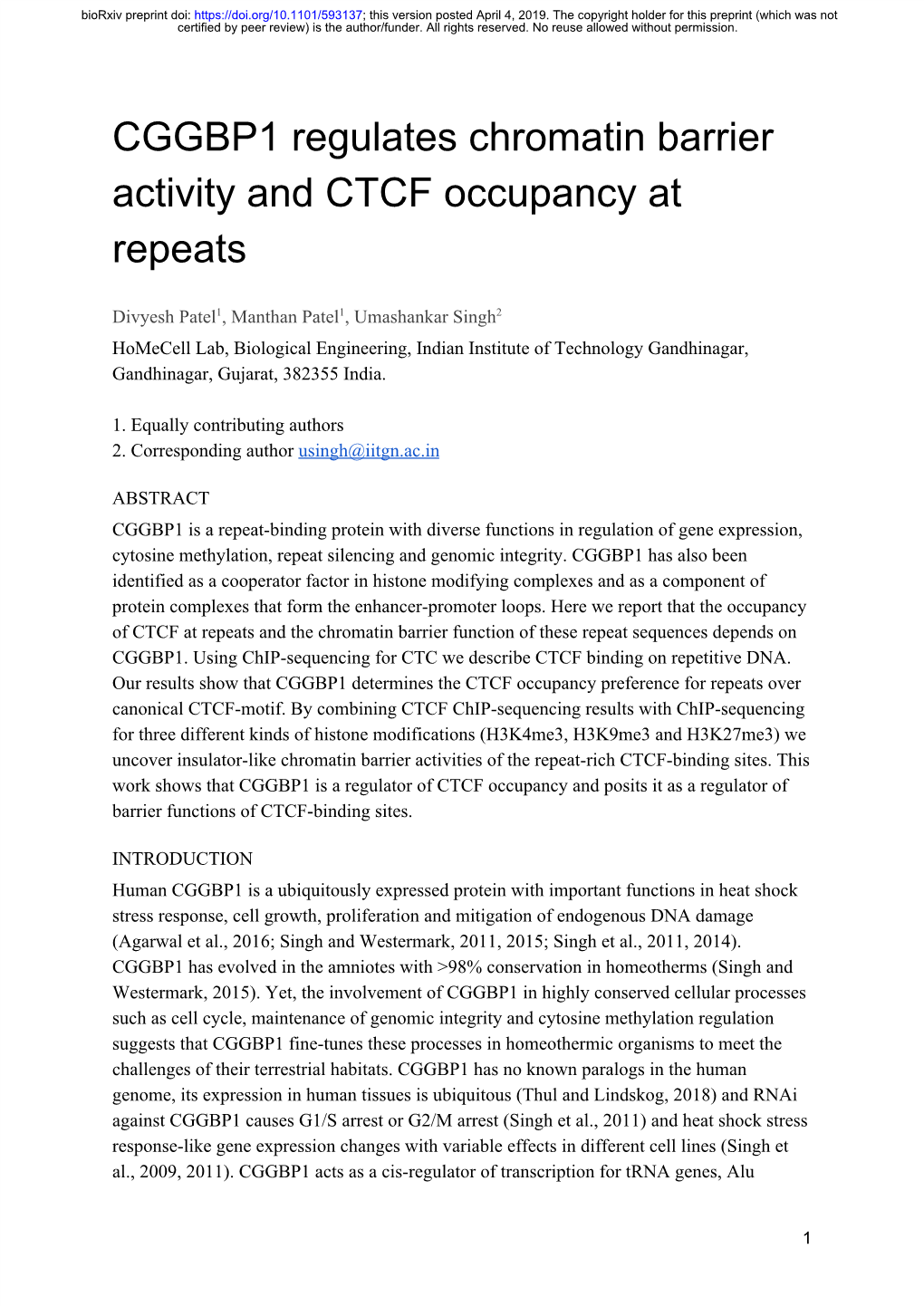 CGGBP1 Regulates Chromatin Barrier Activity and CTCF Occupancy at Repeats