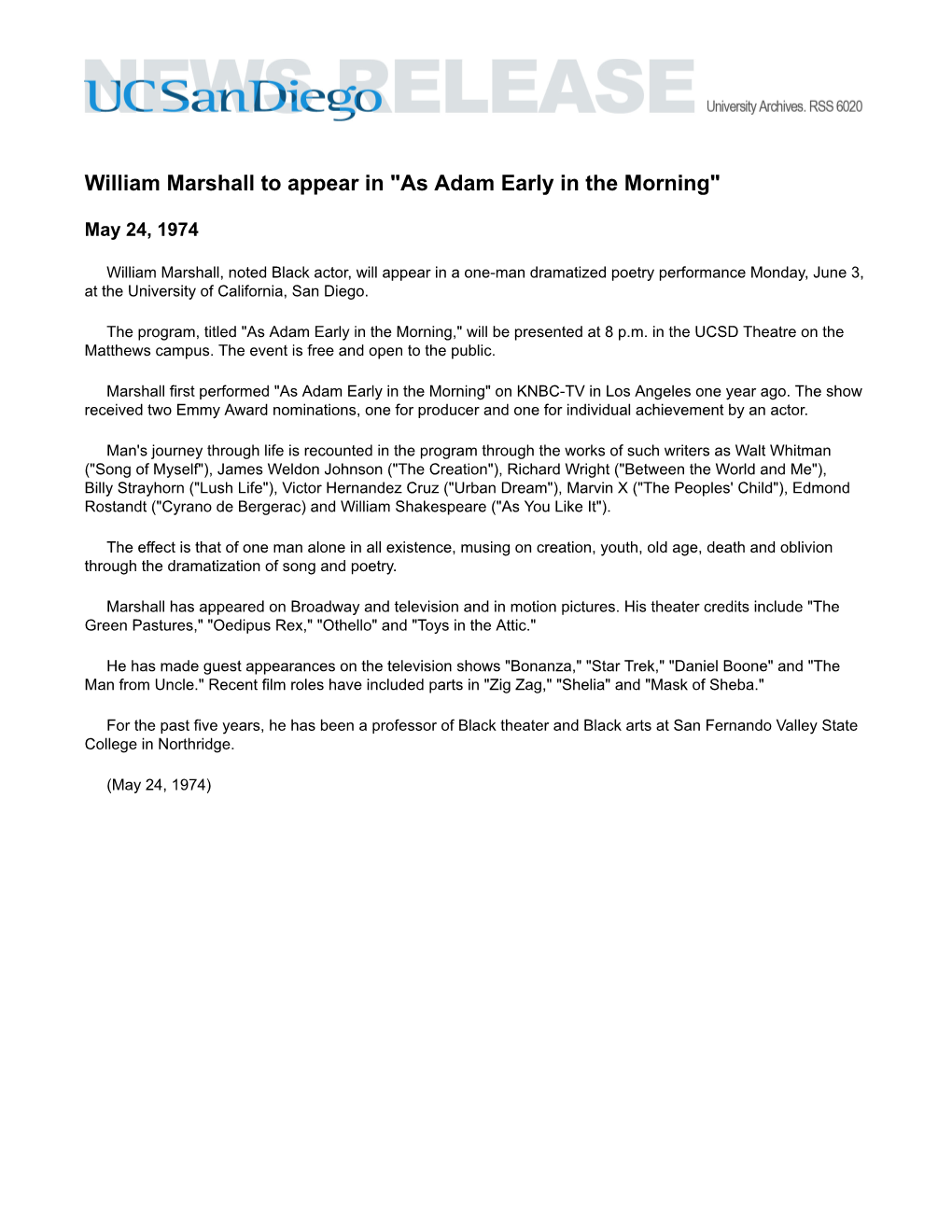 William Marshall to Appear in "As Adam Early in the Morning"