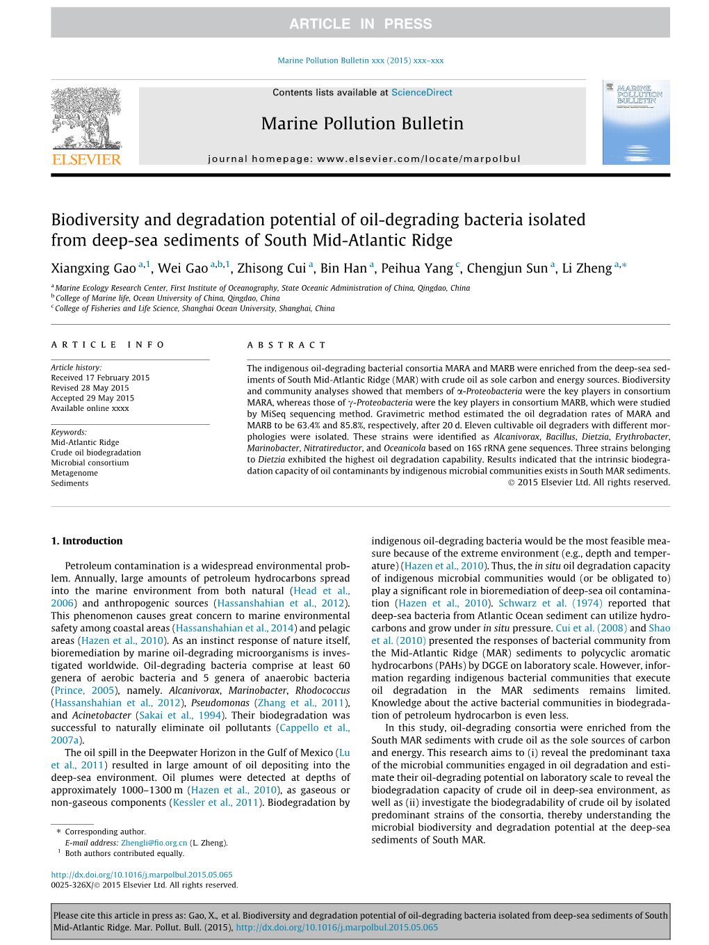 Biodiversity and Degradation Potential of Oil-Degrading Bacteria Isolated from Deep-Sea Sediments of South Mid-Atlantic Ridge