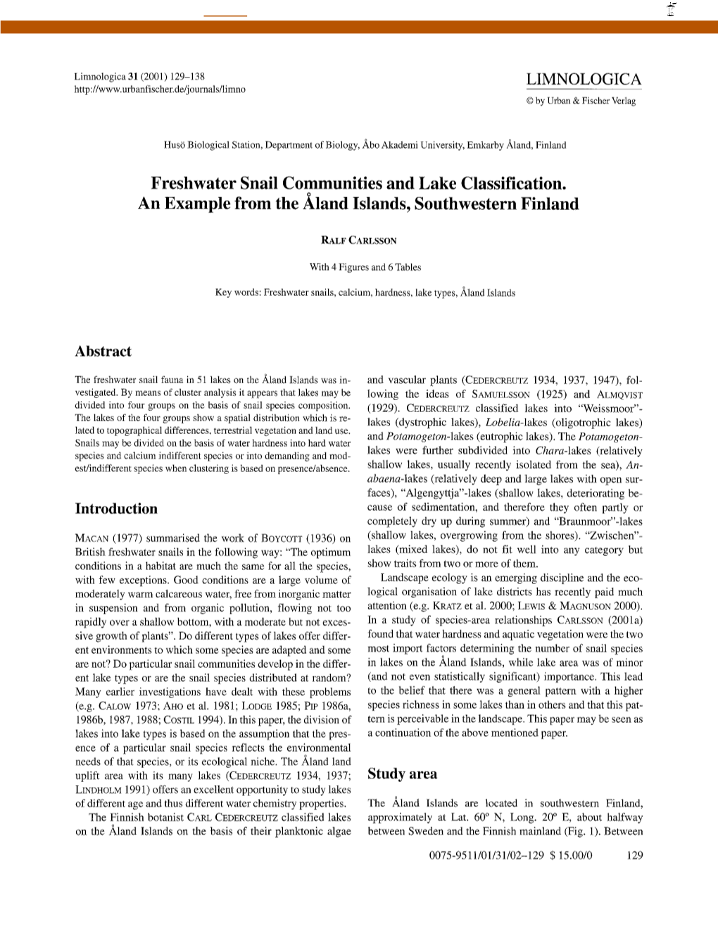 Freshwater Snail Communities and Lake Classification. an Example