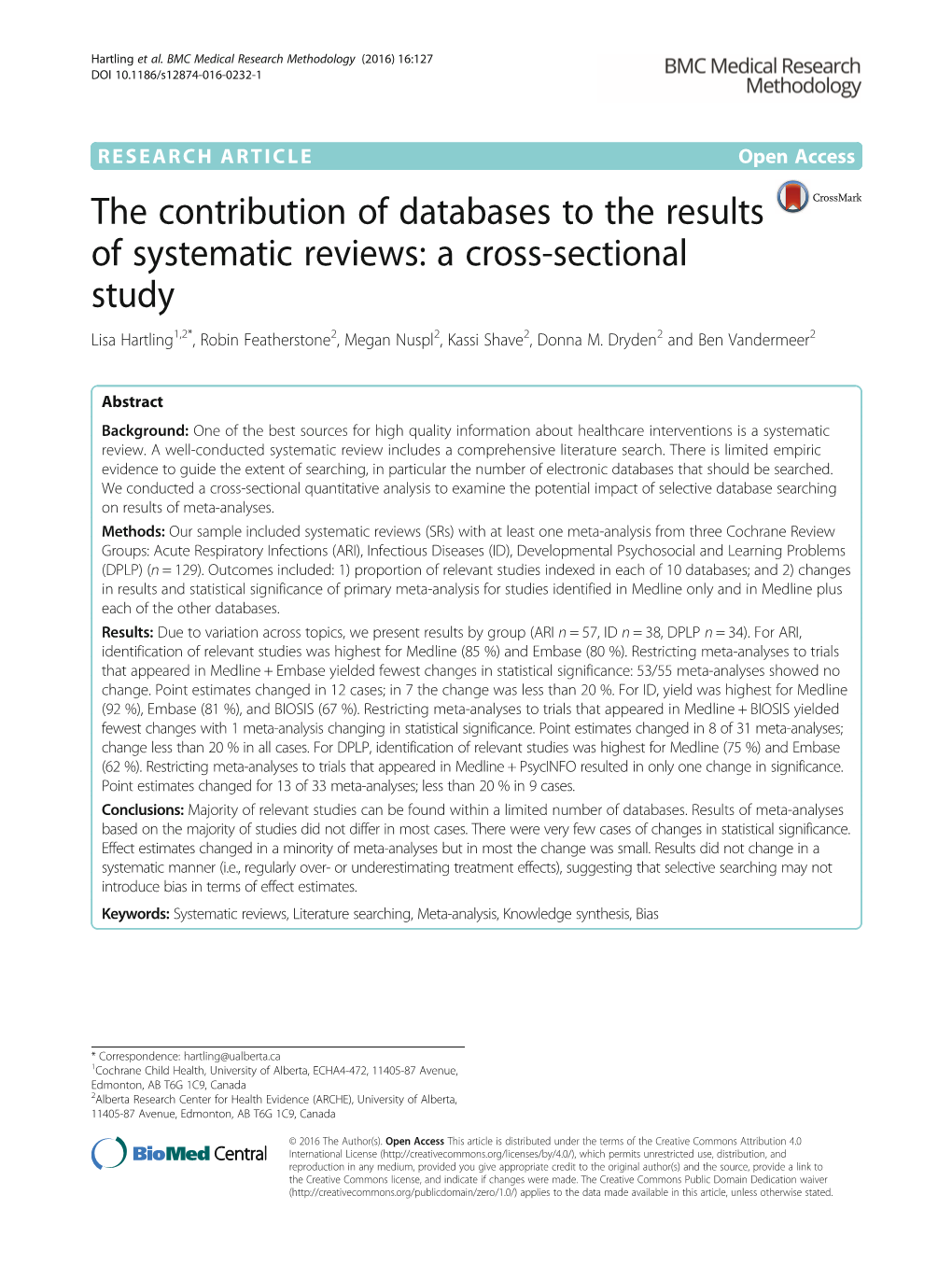 The Contribution of Databases to the Results of Systematic Reviews