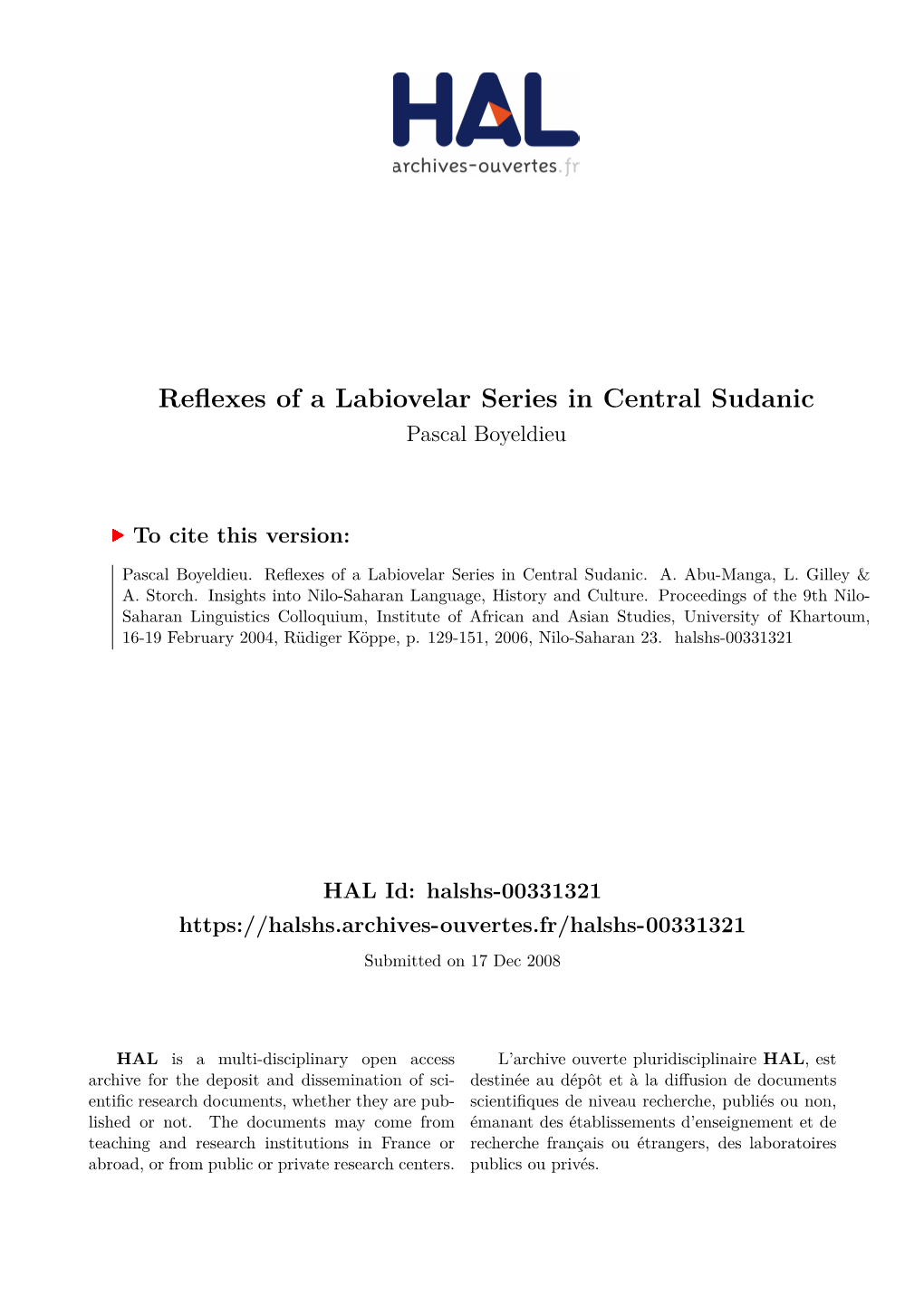 Reflexes of a Labiovelar Series in Central Sudanic Pascal Boyeldieu