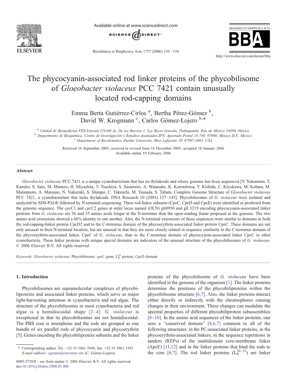 The Phycocyanin-Associated Rod Linker Proteins of the Phycobilisome of Gloeobacter Violaceus PCC 7421 Contain Unusually Located Rod-Capping Domains