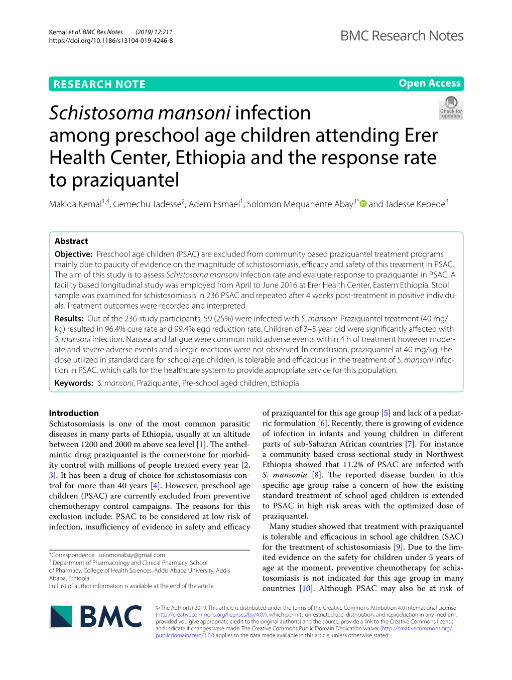 Schistosoma Mansoni Infection Among Preschool Age Children