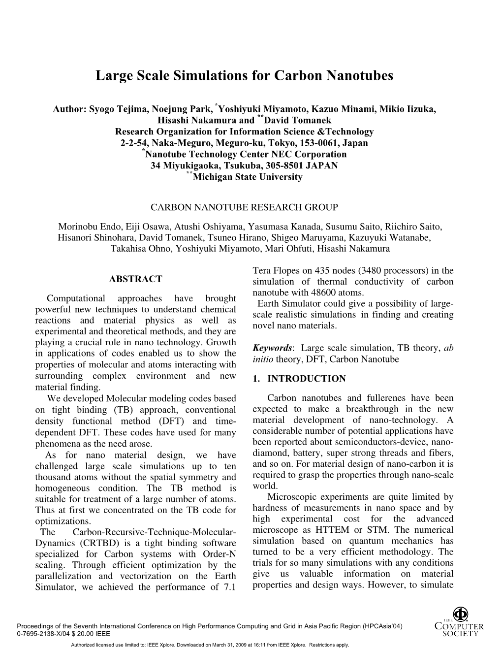 Large Scale Simulations for Carbon Nanotubes