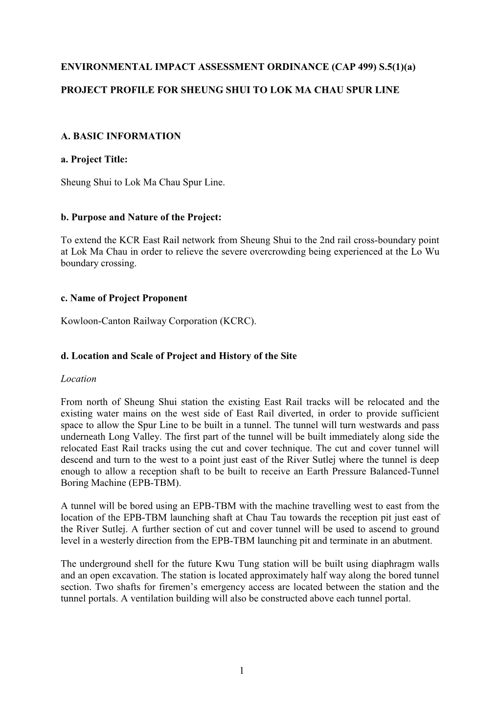 (A) PROJECT PROFILE for SHEUNG SHUI to LOK MA CHAU