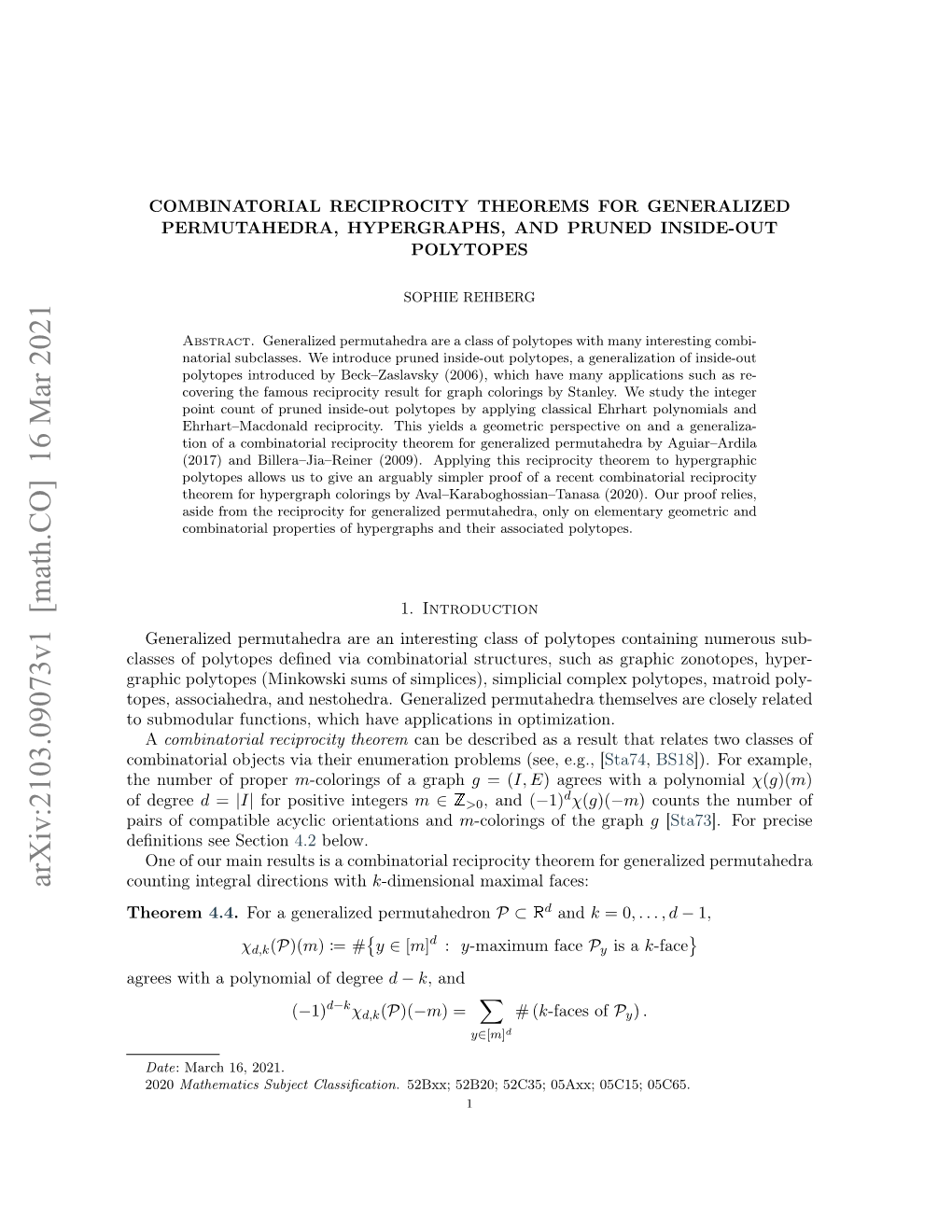 Arxiv:2103.09073V1 [Math.CO] 16 Mar 2021 Counting Integral Directions with K-Dimensional Maximal Faces: Theorem 4.4