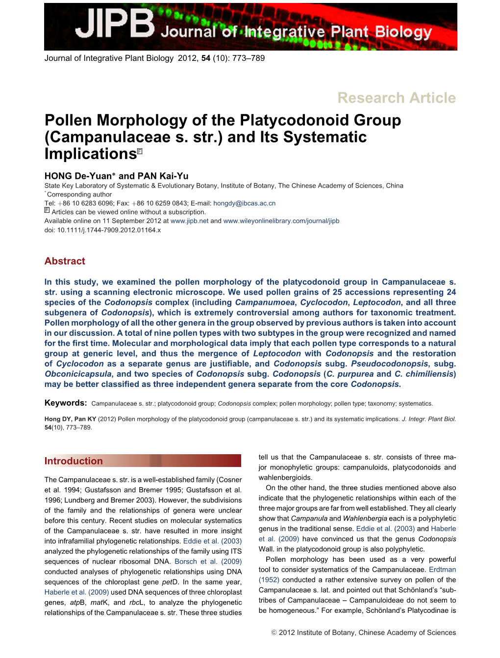 Pollen Morphology of the Platycodonoid Group (Campanulaceae S