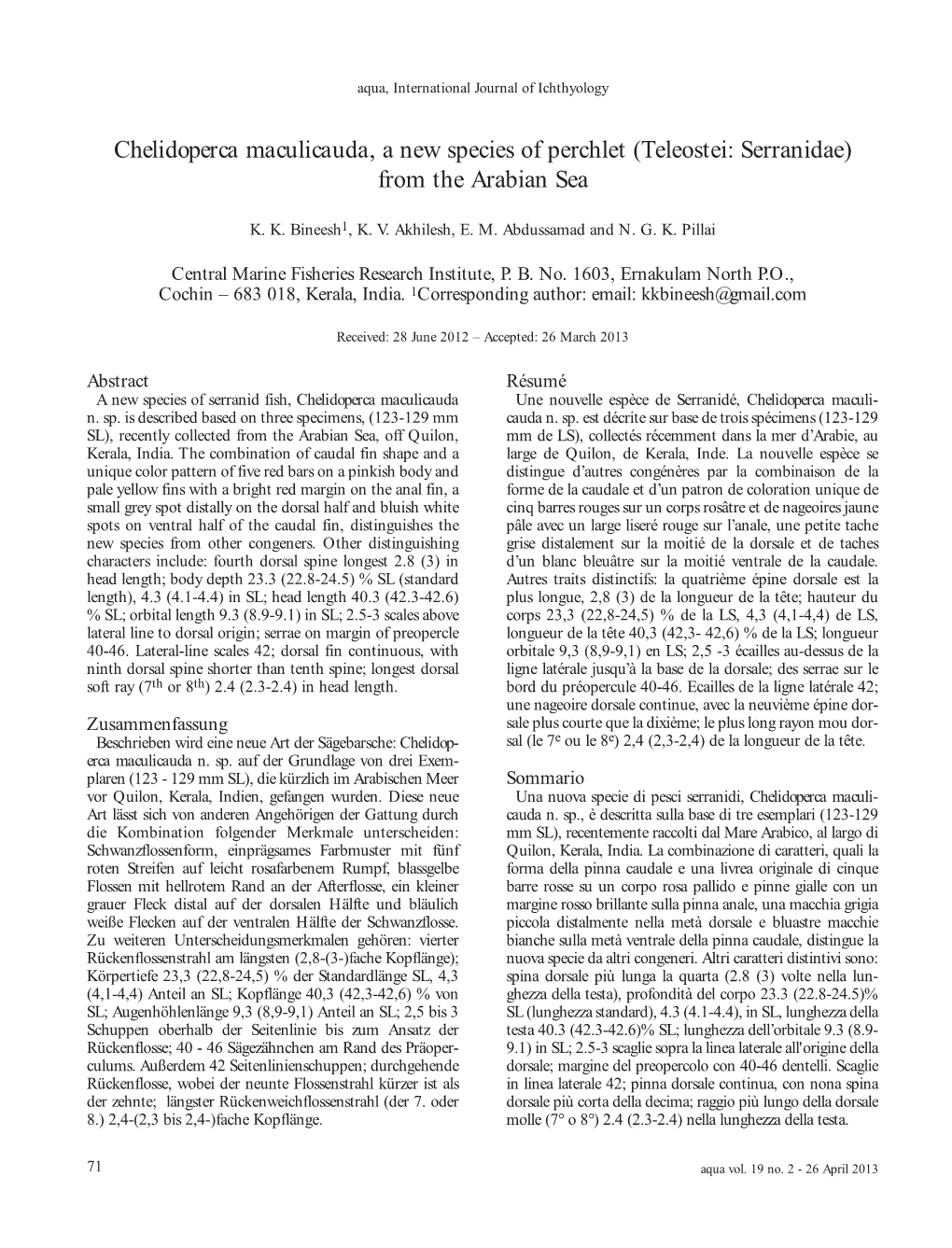 Chelidoperca Maculicauda, a New Species of Perchlet (Teleostei: Serranidae) from the Arabian Sea