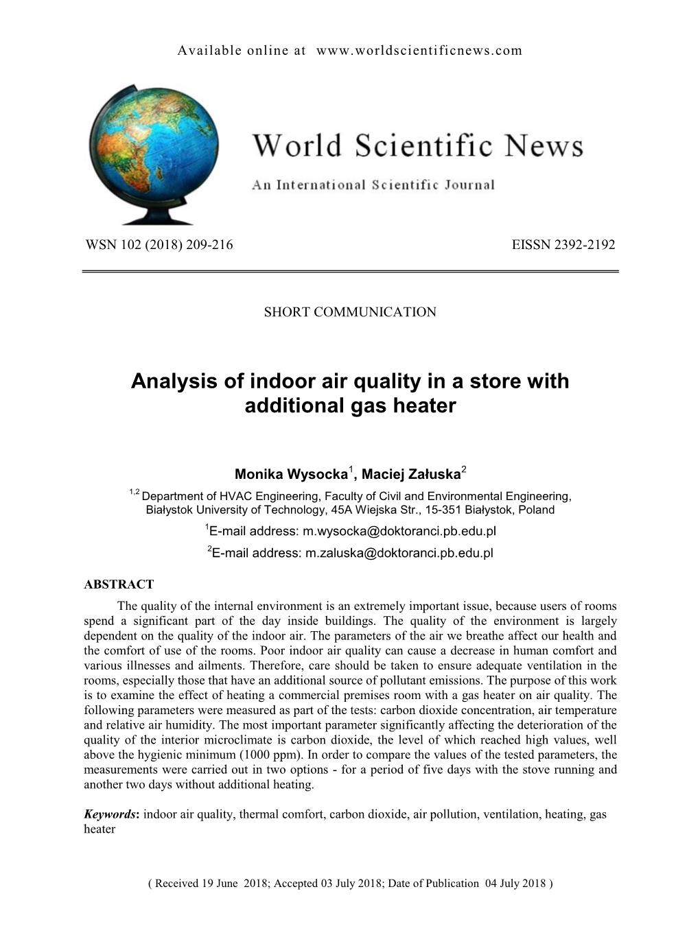 Analysis of Indoor Air Quality in a Store with Additional Gas Heater