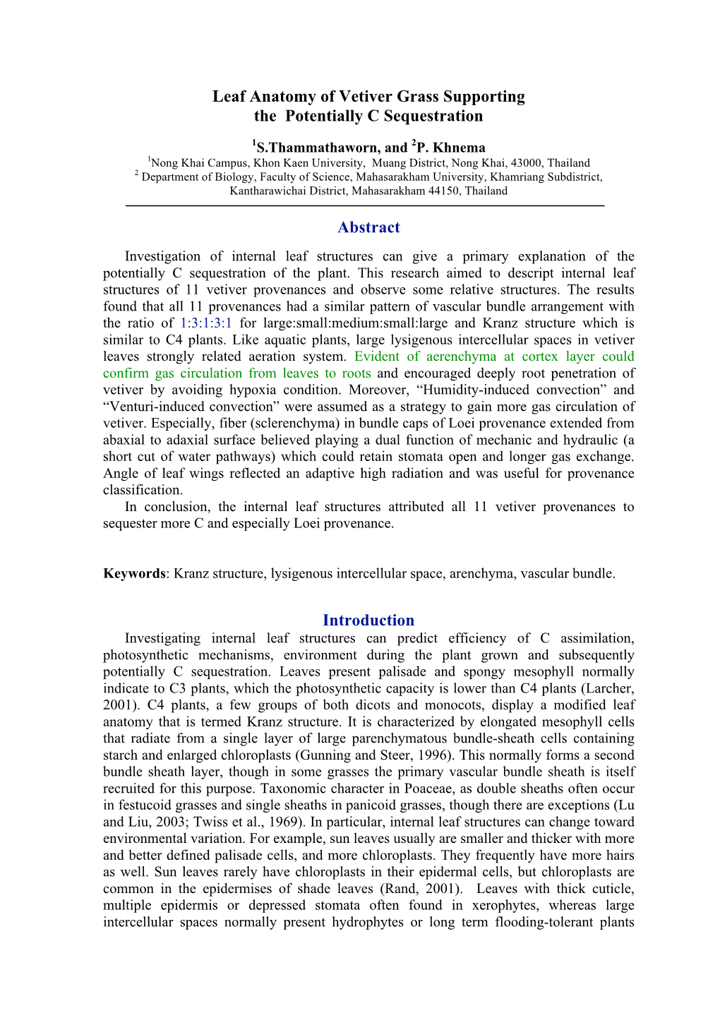 Leaf Anatomy of Vetiver Grass Supporting the Potentially C Sequestration