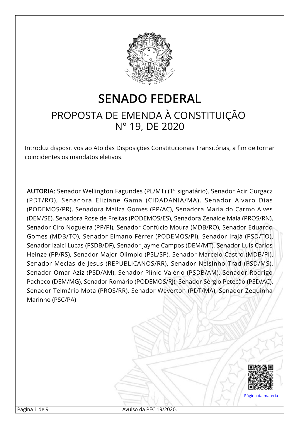 Senado Federal Proposta De Emenda À Constituição N° 19, De 2020