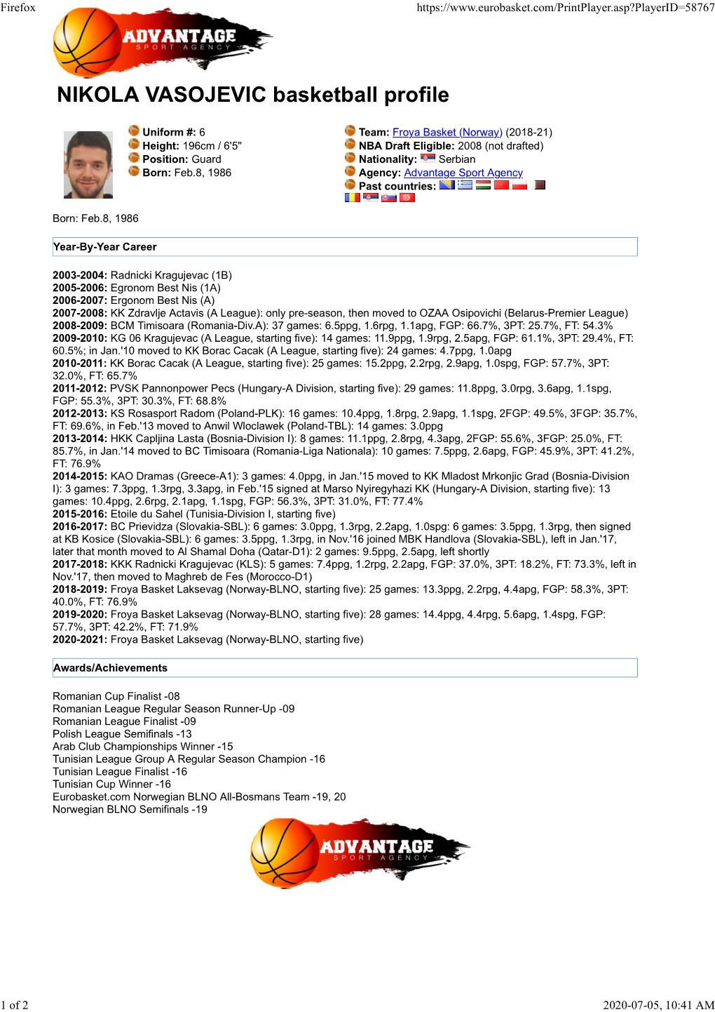 NIKOLA VASOJEVIC Basketball Profile